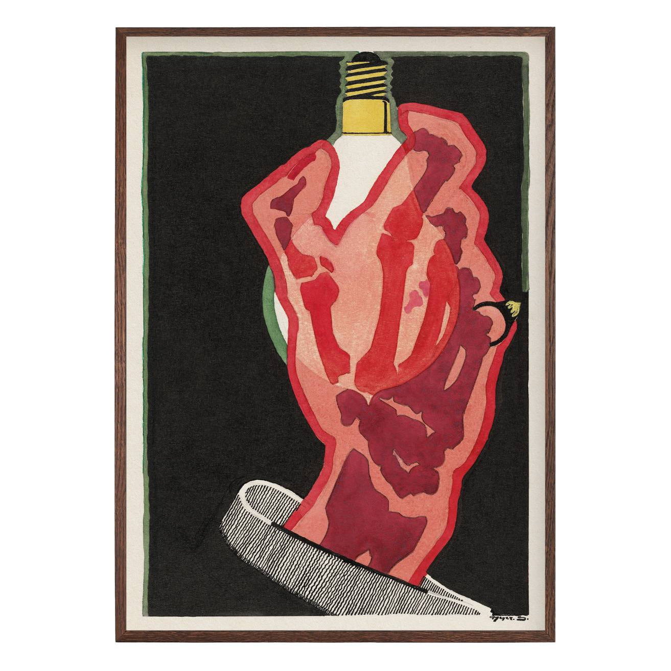 red and pink light bulb with comb on black background surreal graphic poster