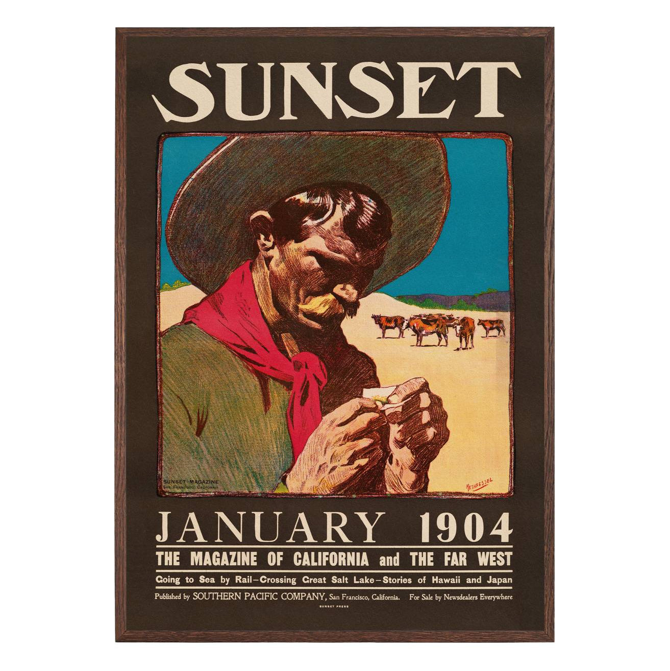 man in hat with cigarette and cattle in desert vintage illustration poster