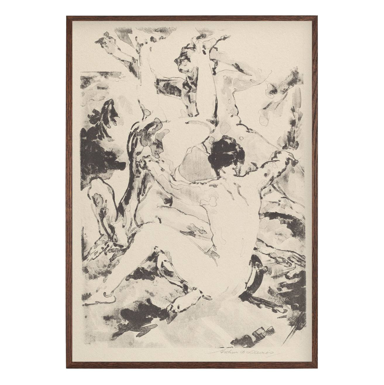 three abstract figures in black ink expressive drawing on cream background art print