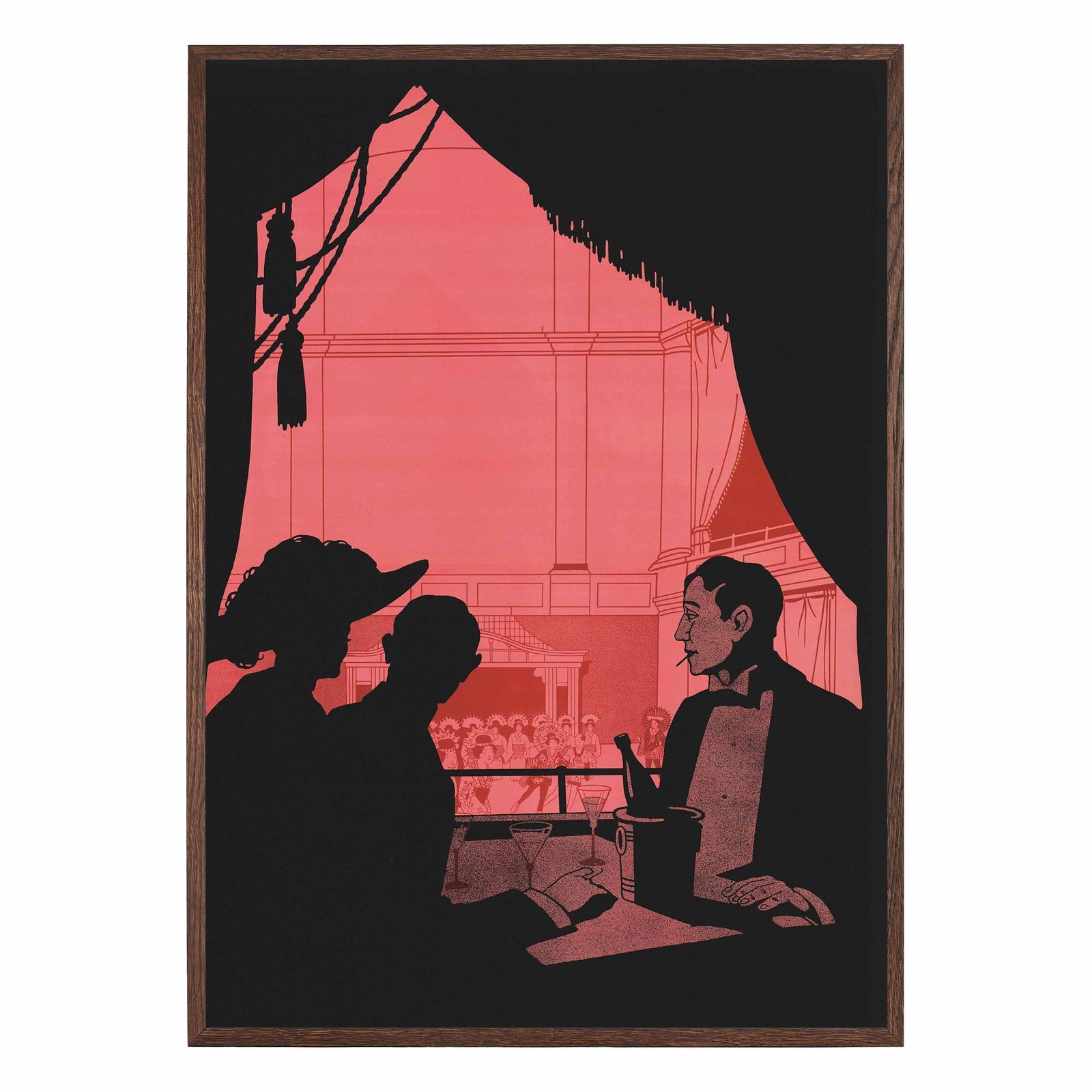 Vintage theatre scene art print with silhouetted figures during an intermission, warm red lighting, cinematic poster