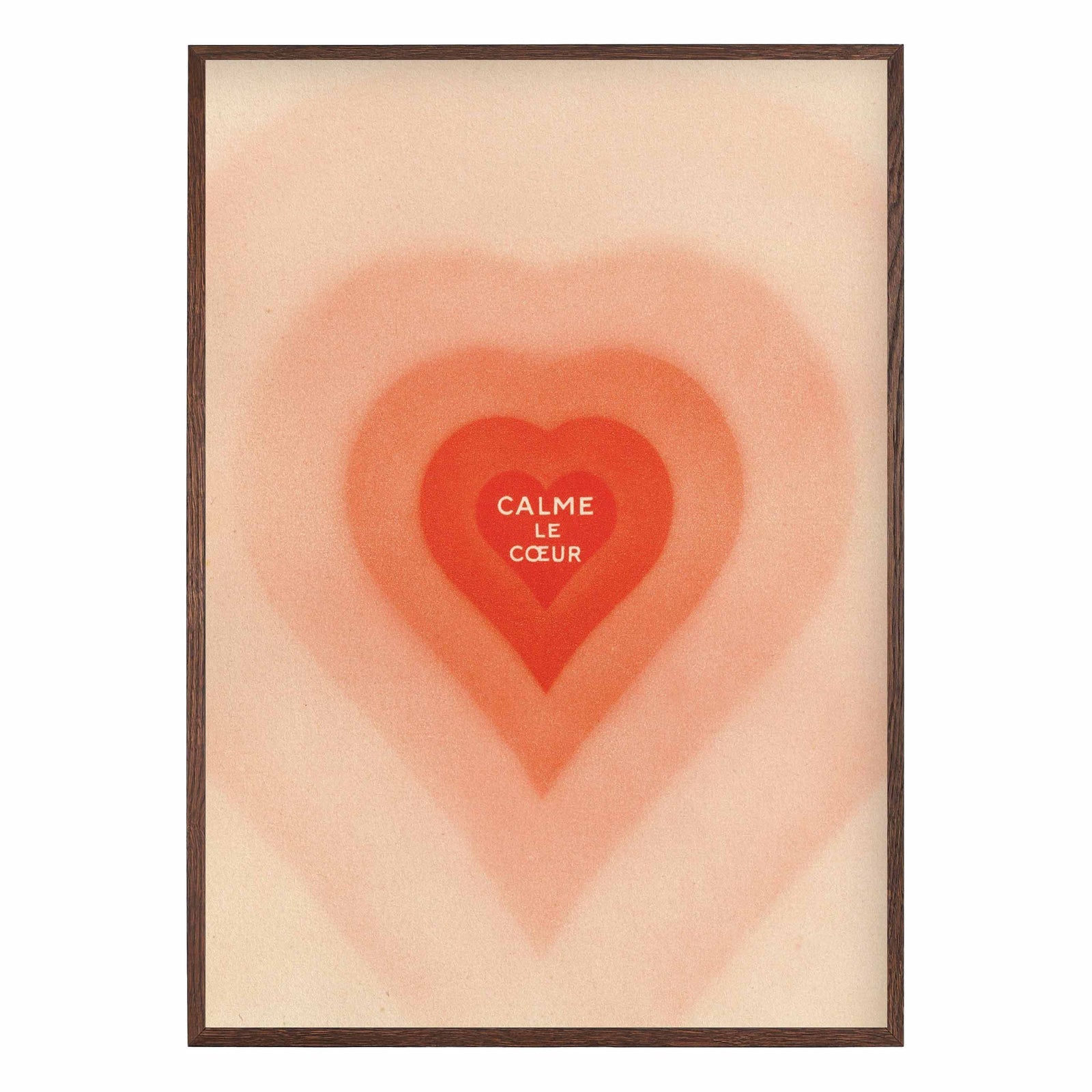 Romantic heart art print with layered red heart shapes and “Calme Le Cœur” text on beige background, minimalist poster b