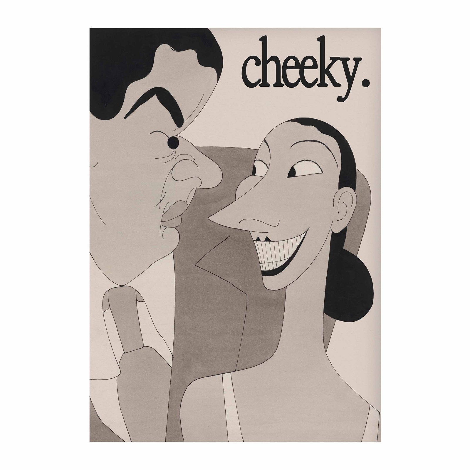 Illustration of a man and woman with the word 'cheeky' above them on a beige background