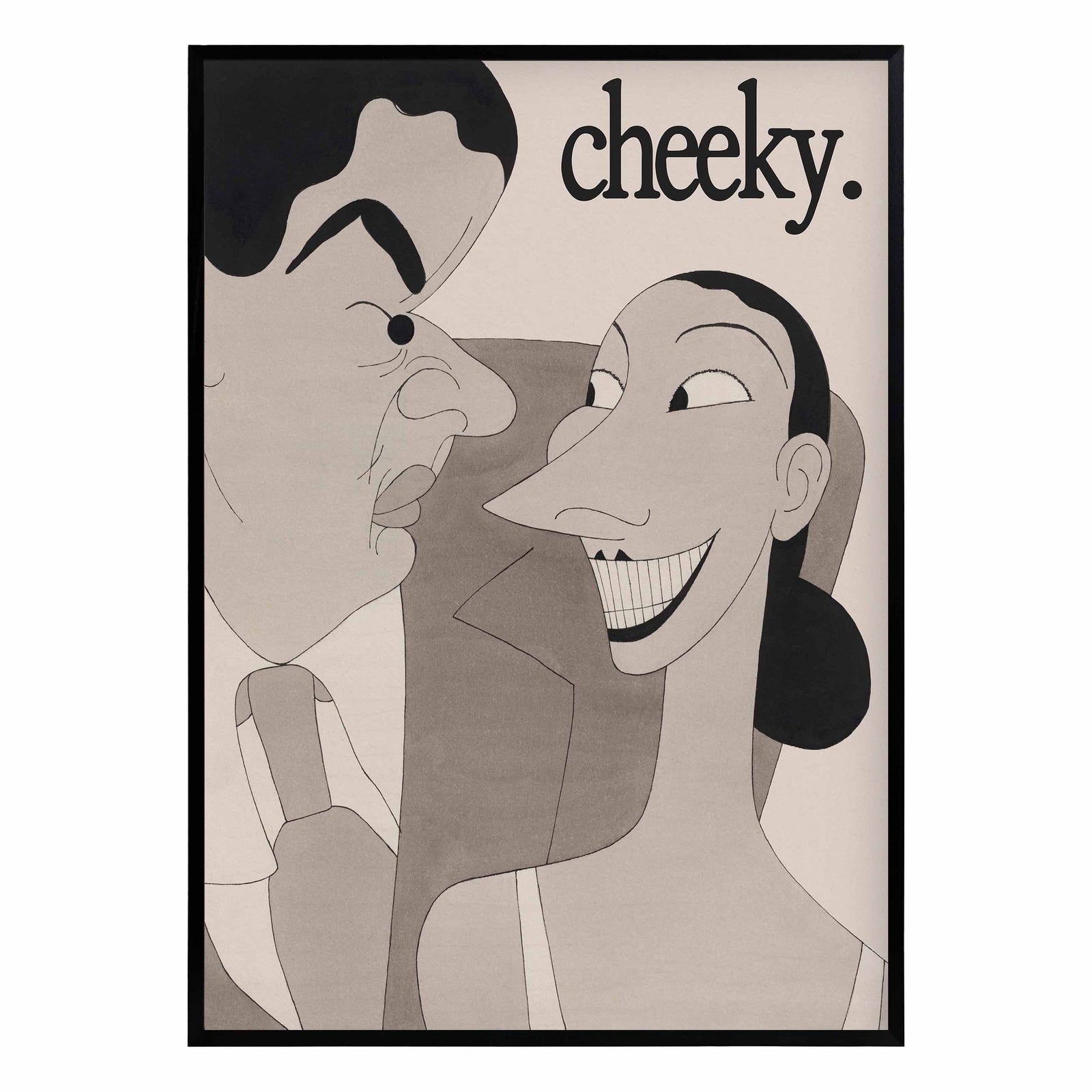 Illustration of a man and woman with the word 'cheeky' above them on a beige background