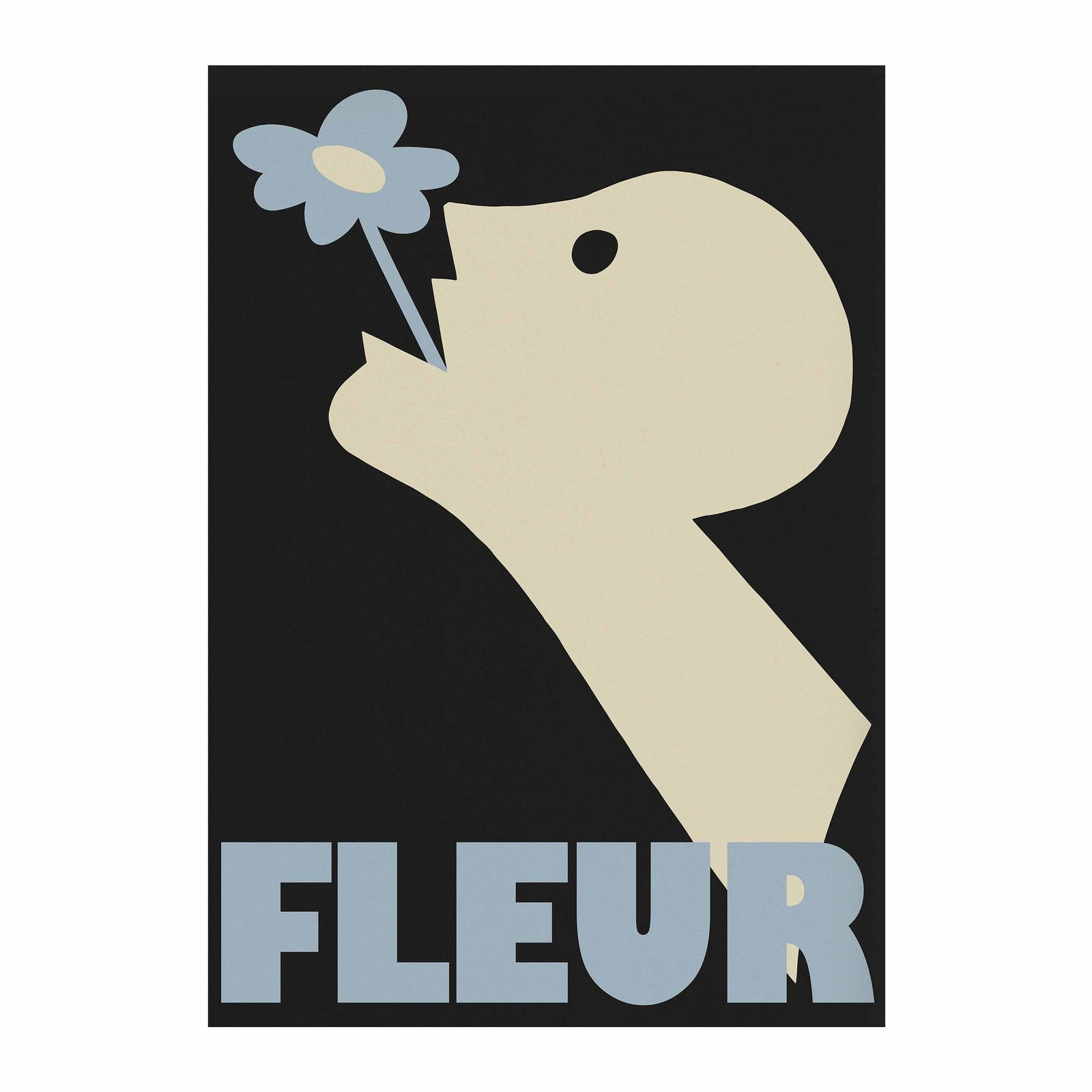 Surreal art print of a stylised figure smelling a flower with bold shapes on black background, graphic poster by Studyo Iki