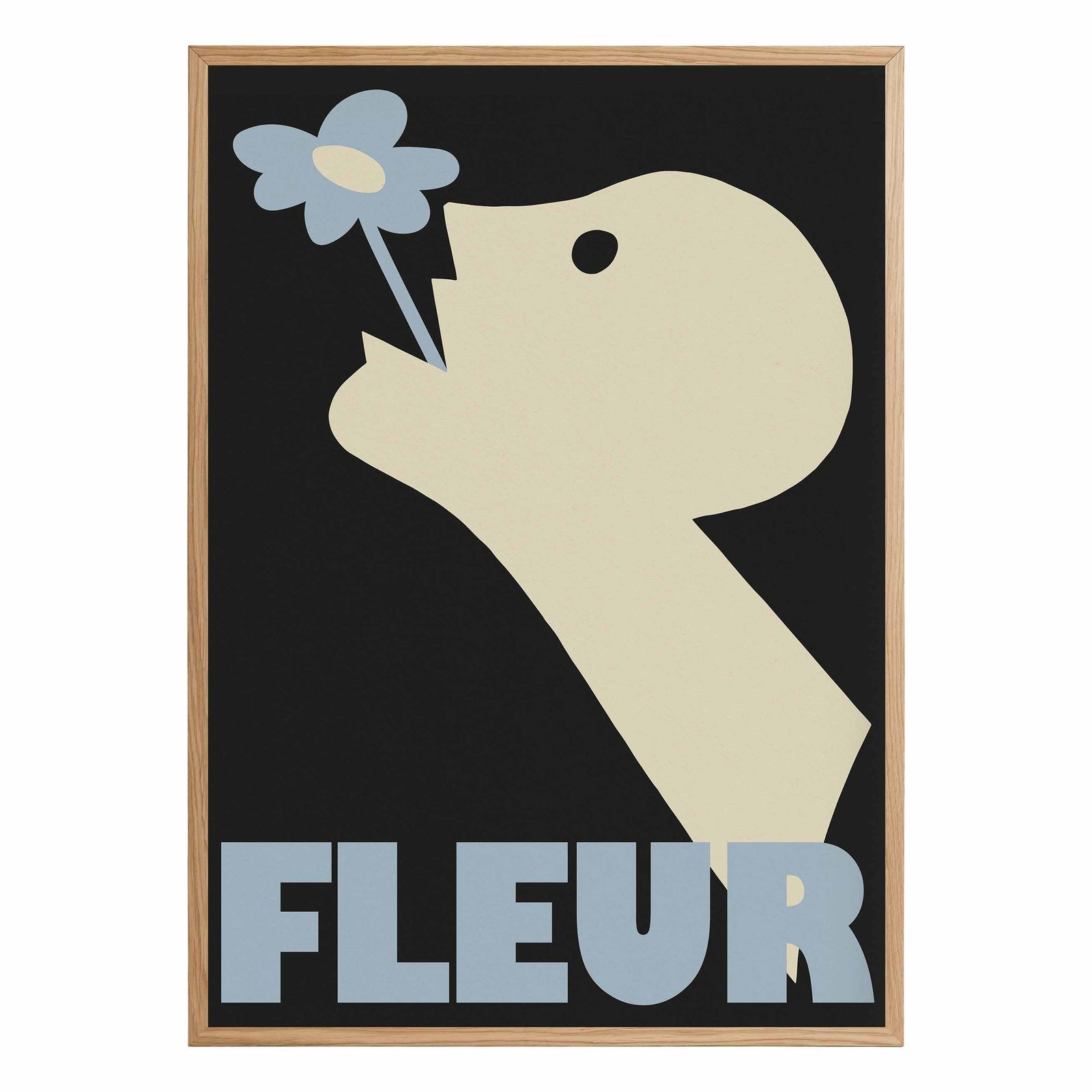 Surreal art print of a stylised figure smelling a flower with bold shapes on black background, graphic poster by Studyo Iki