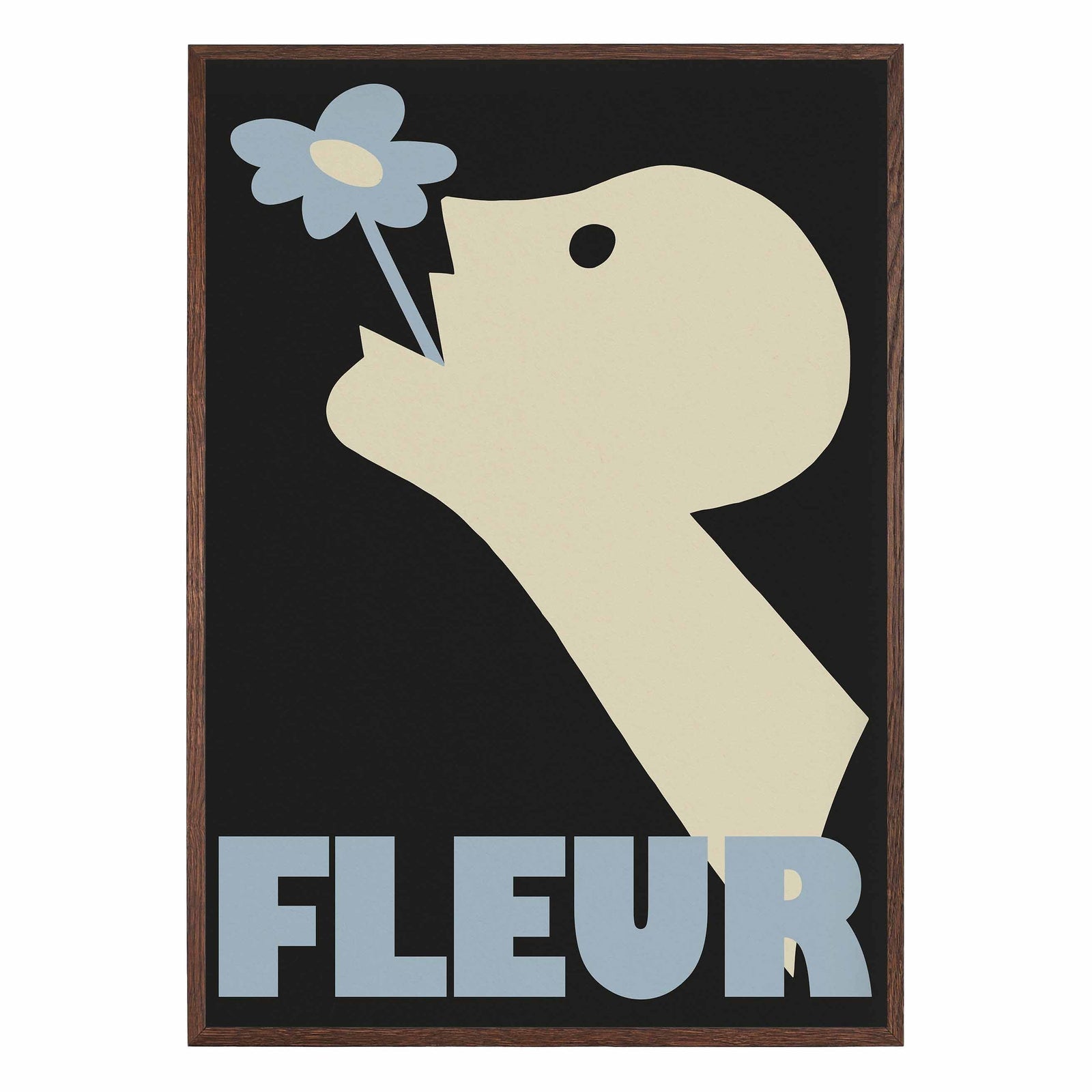 Surreal art print of a stylised figure smelling a flower with bold shapes on black background, graphic poster by Studyo Iki