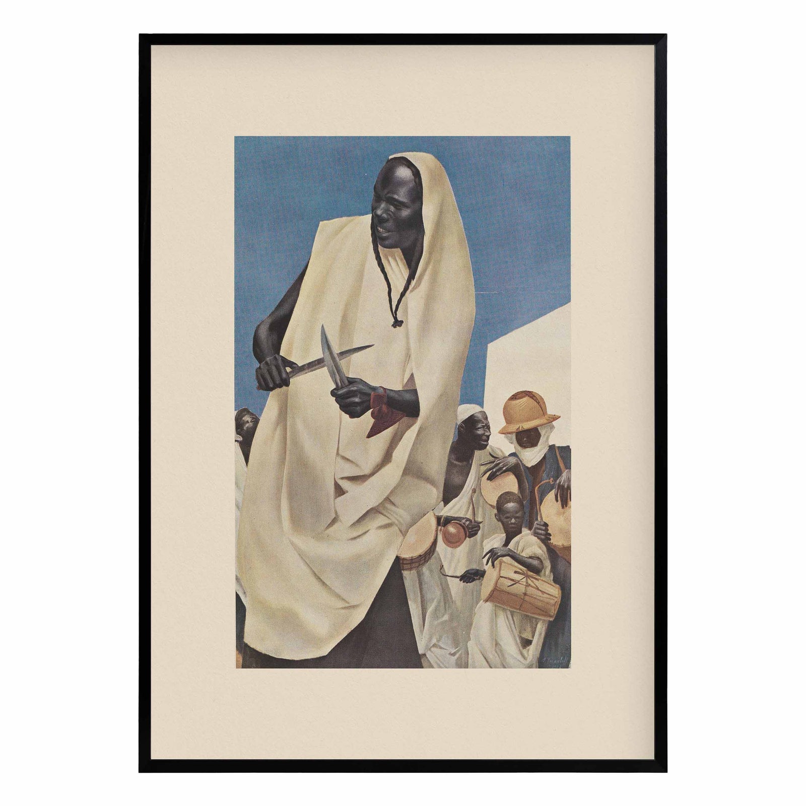 Vintage figurative art print depicting a dynamic dance scene with multiple figures in flowing garments, expressive compositio