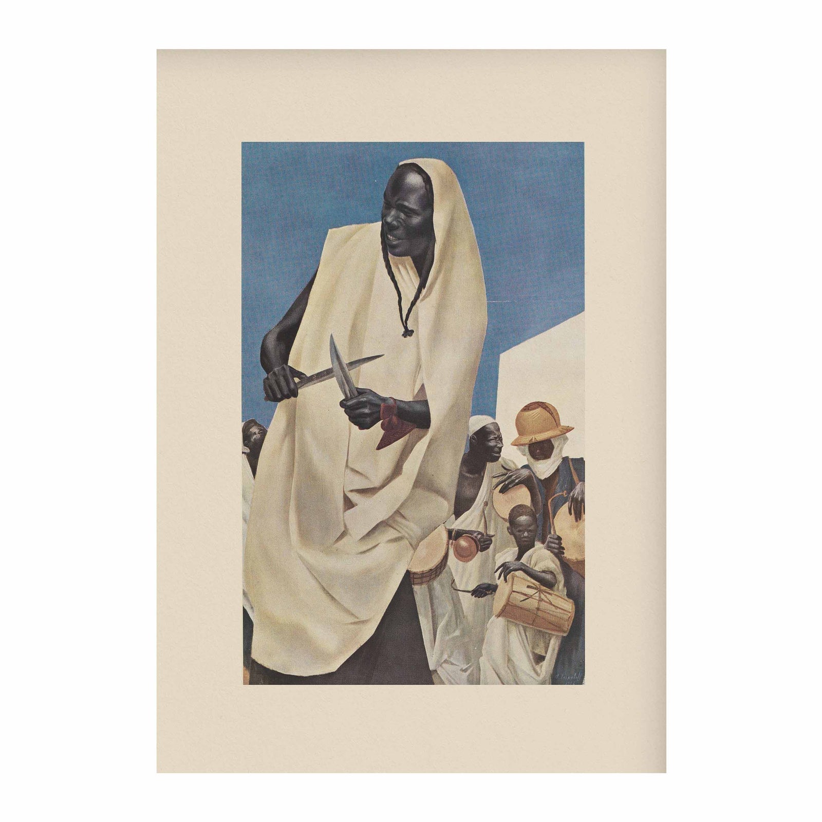 Vintage figurative art print depicting a dynamic dance scene with multiple figures in flowing garments, expressive compositio