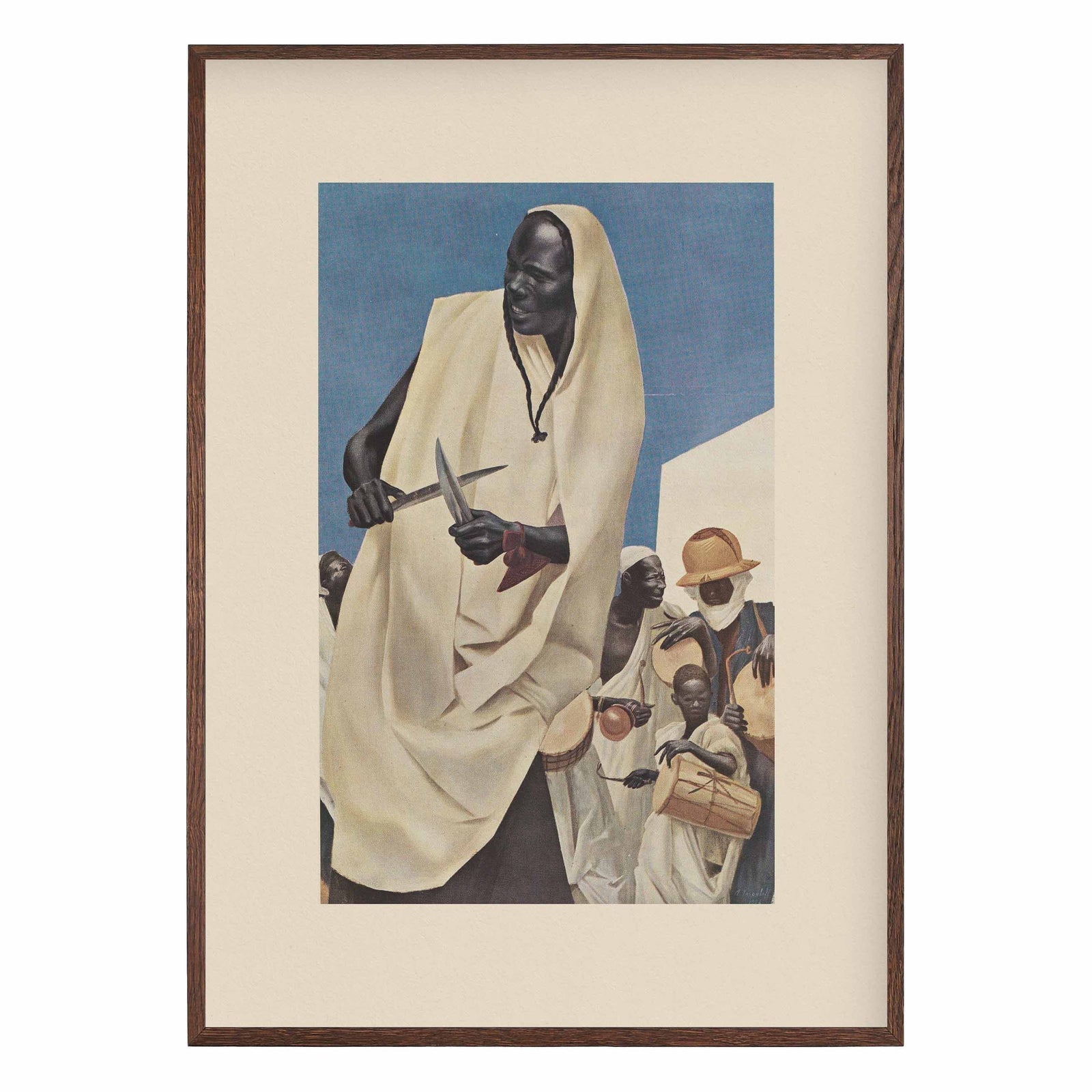 Vintage figurative art print depicting a dynamic dance scene with multiple figures in flowing garments, expressive compositio