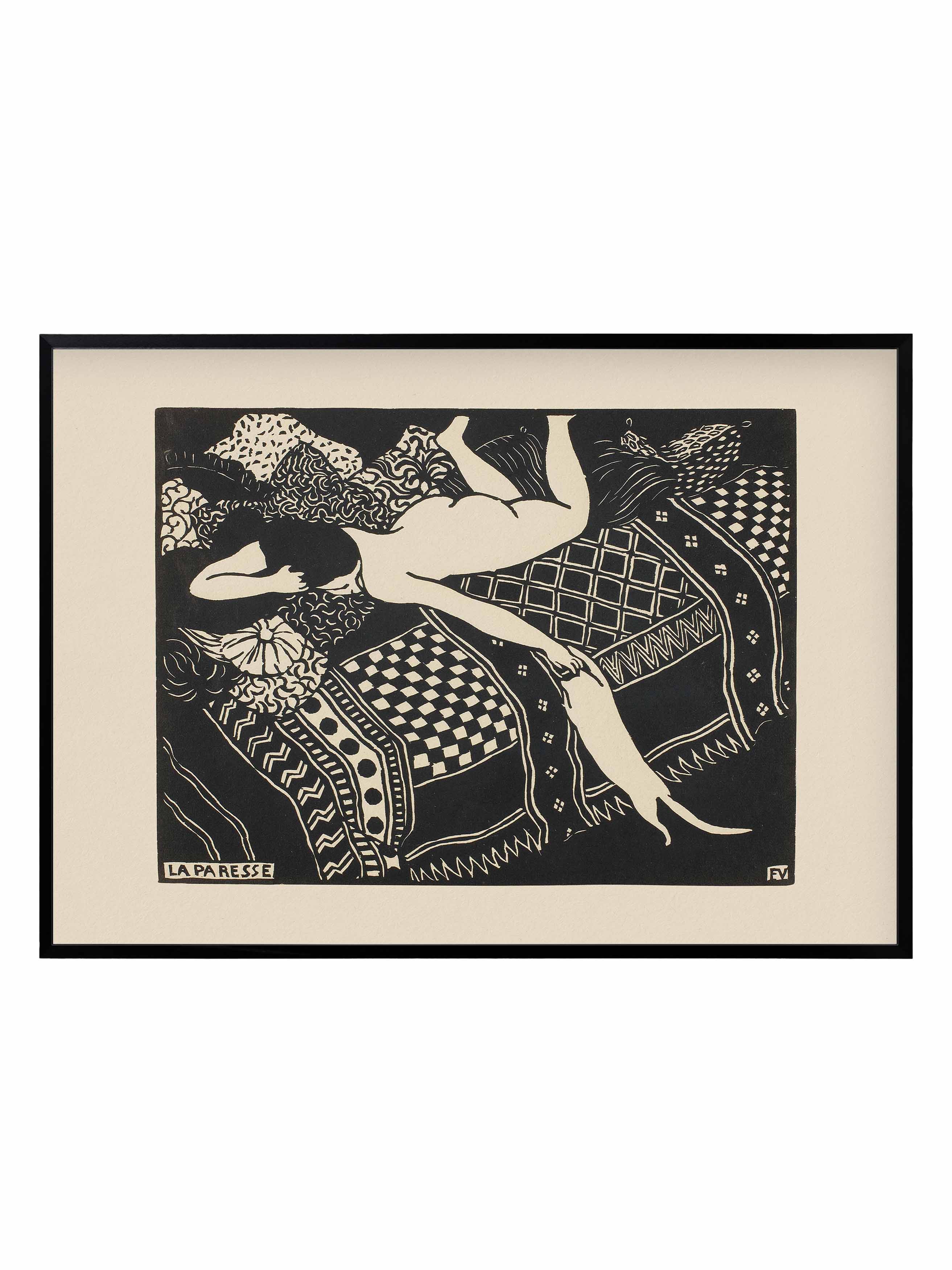 Vintage figurative art print of a reclining woman in bold black linework on patterned surface, expressive graphic poster by S