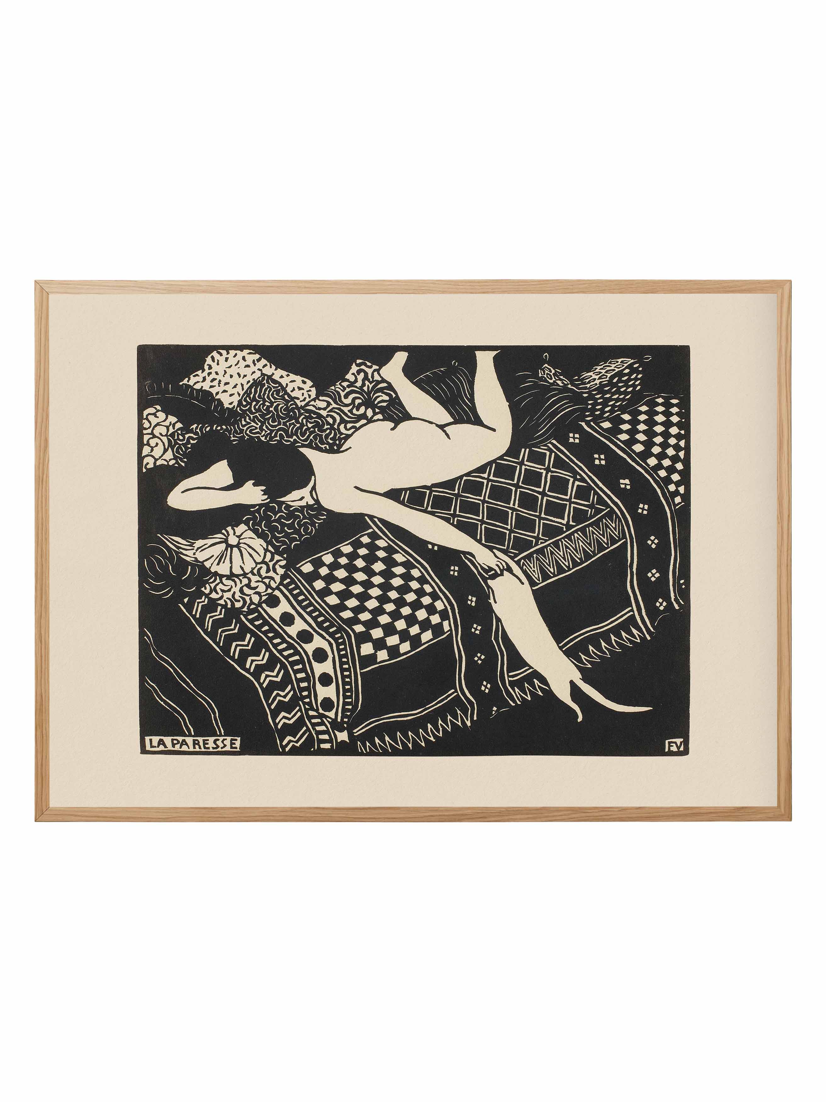 Vintage figurative art print of a reclining woman in bold black linework on patterned surface, expressive graphic poster by S