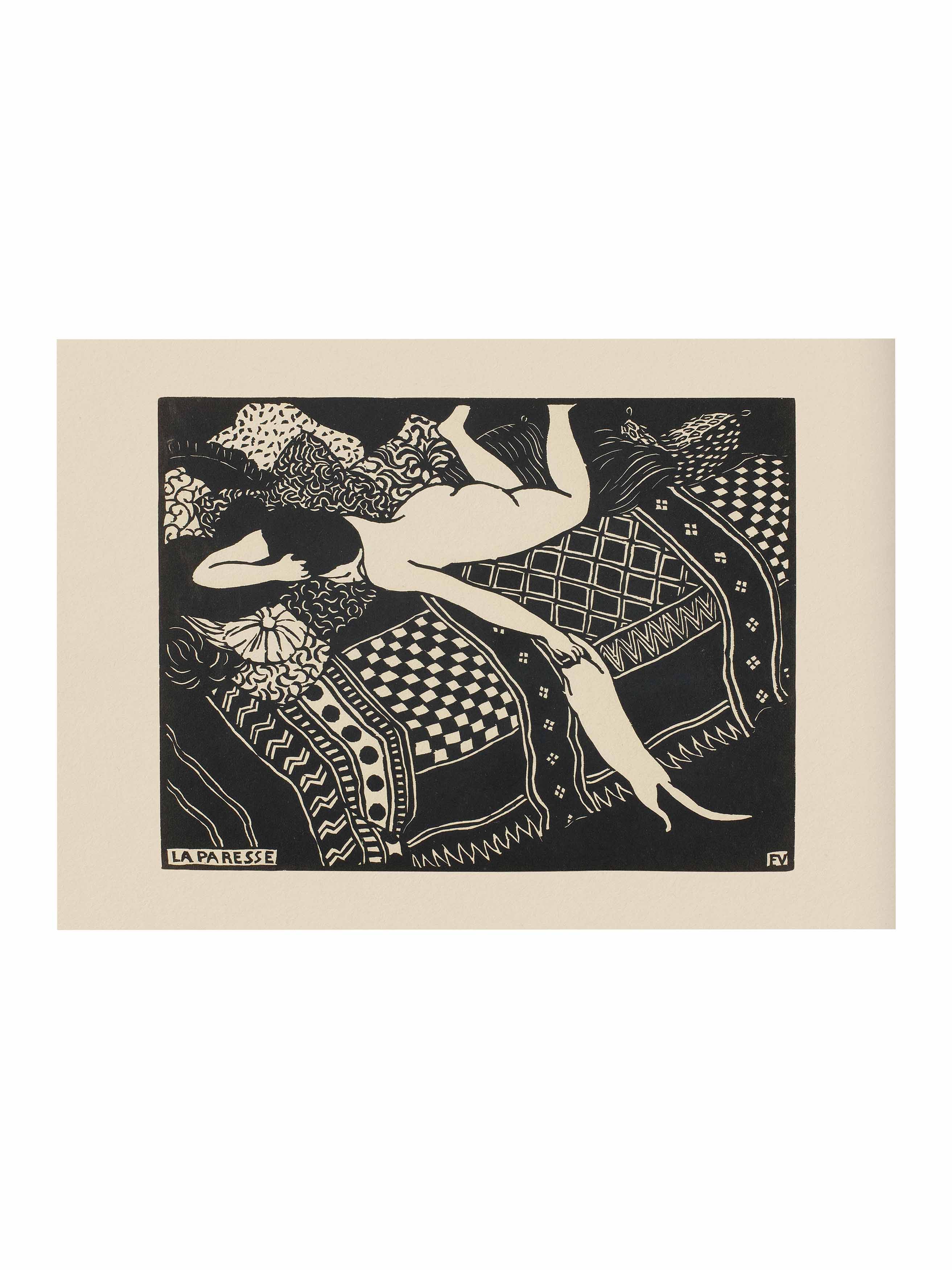 Vintage figurative art print of a reclining woman in bold black linework on patterned surface, expressive graphic poster by S