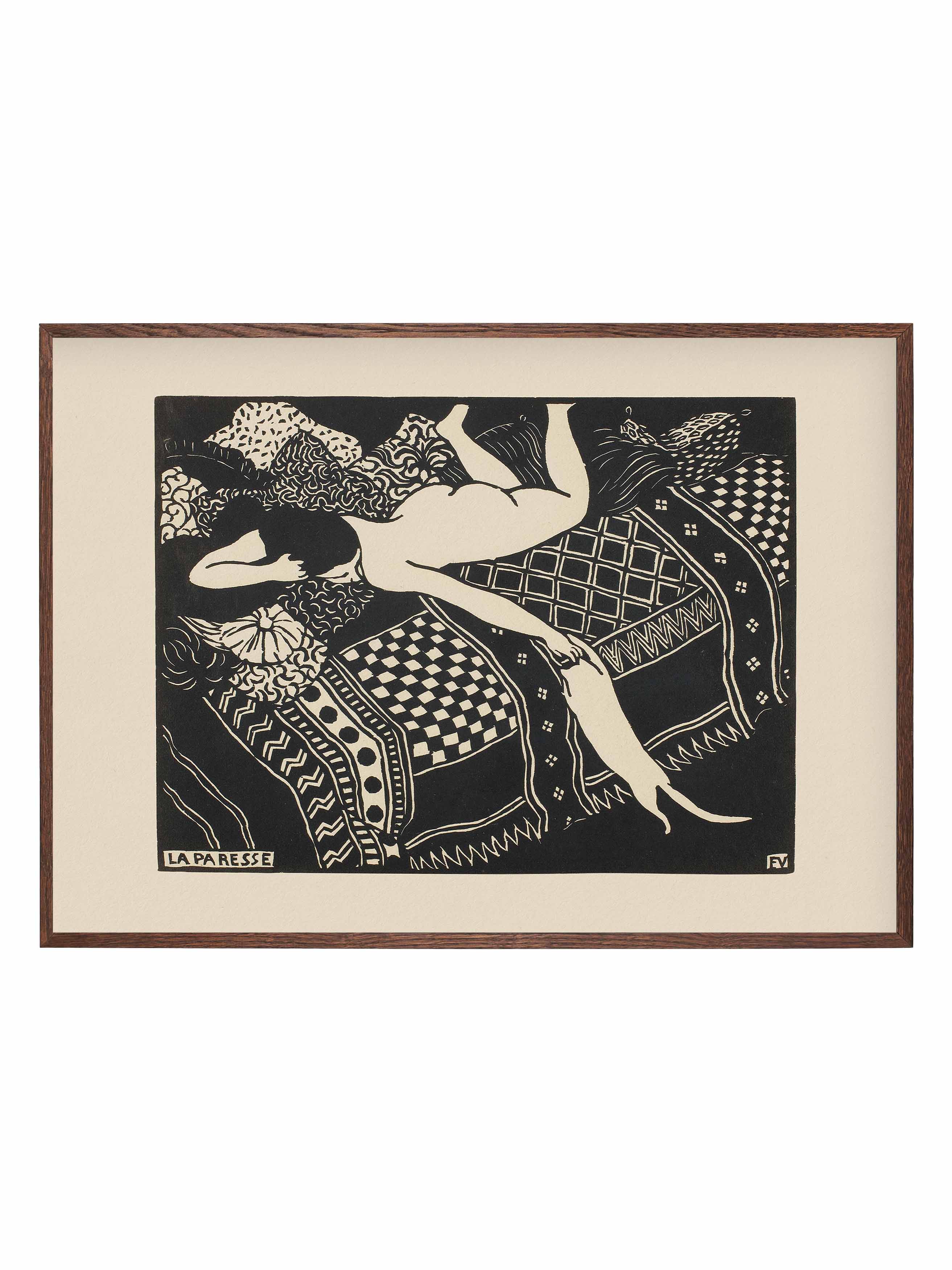 Vintage figurative art print of a reclining woman in bold black linework on patterned surface, expressive graphic poster by Studyo Iki