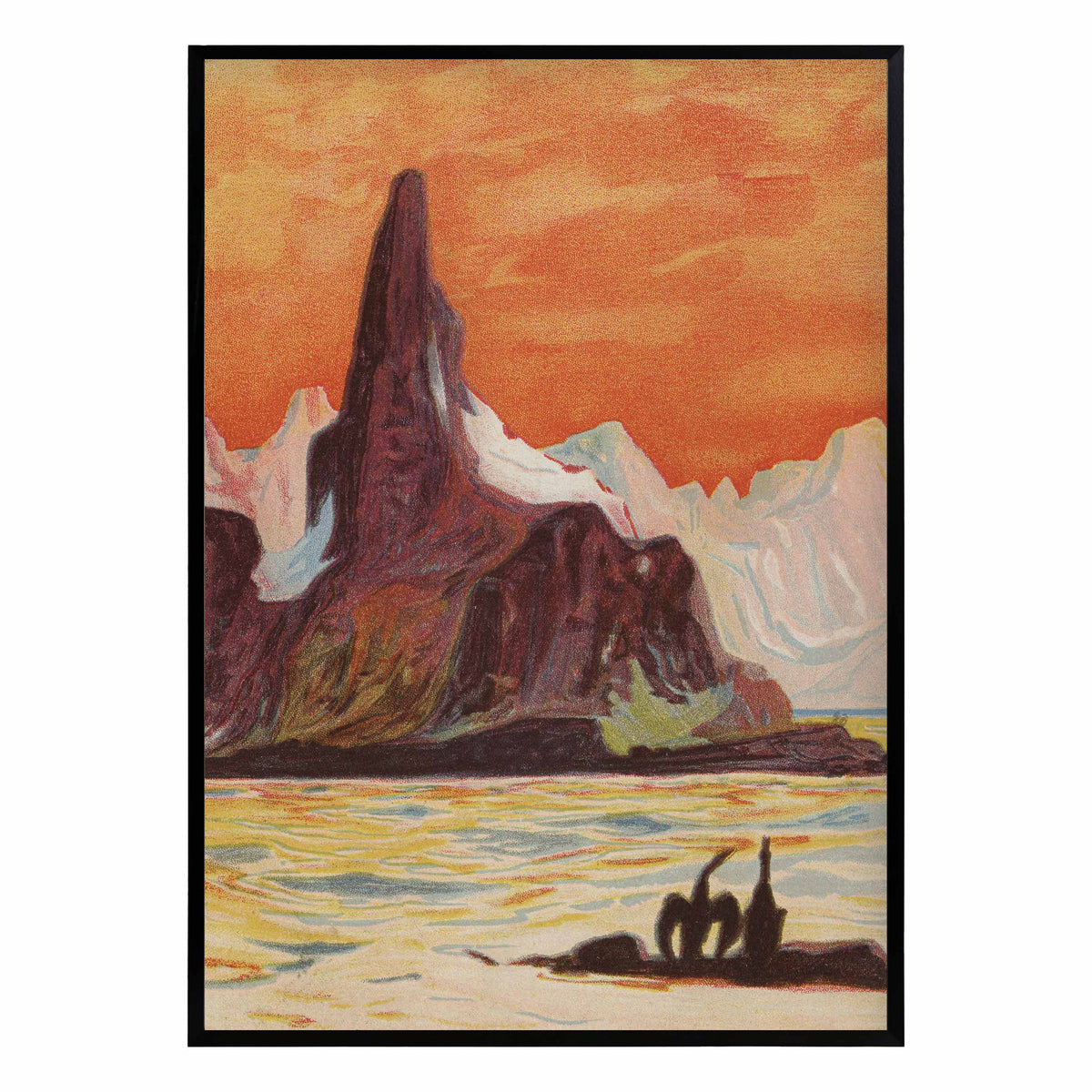 landscape art print of a glowing sunset over water with mountains and two figures in the foreground