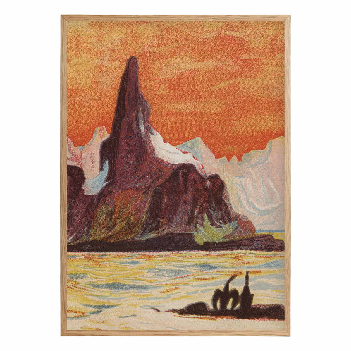 landscape art print of a glowing sunset over water with mountains and two figures in the foreground