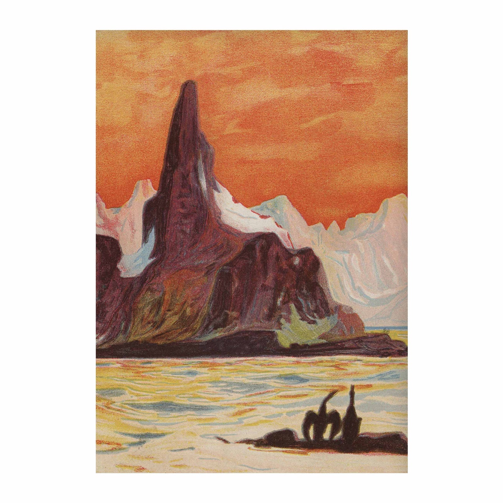 landscape art print of a glowing sunset over water with mountains and two figures in the foreground