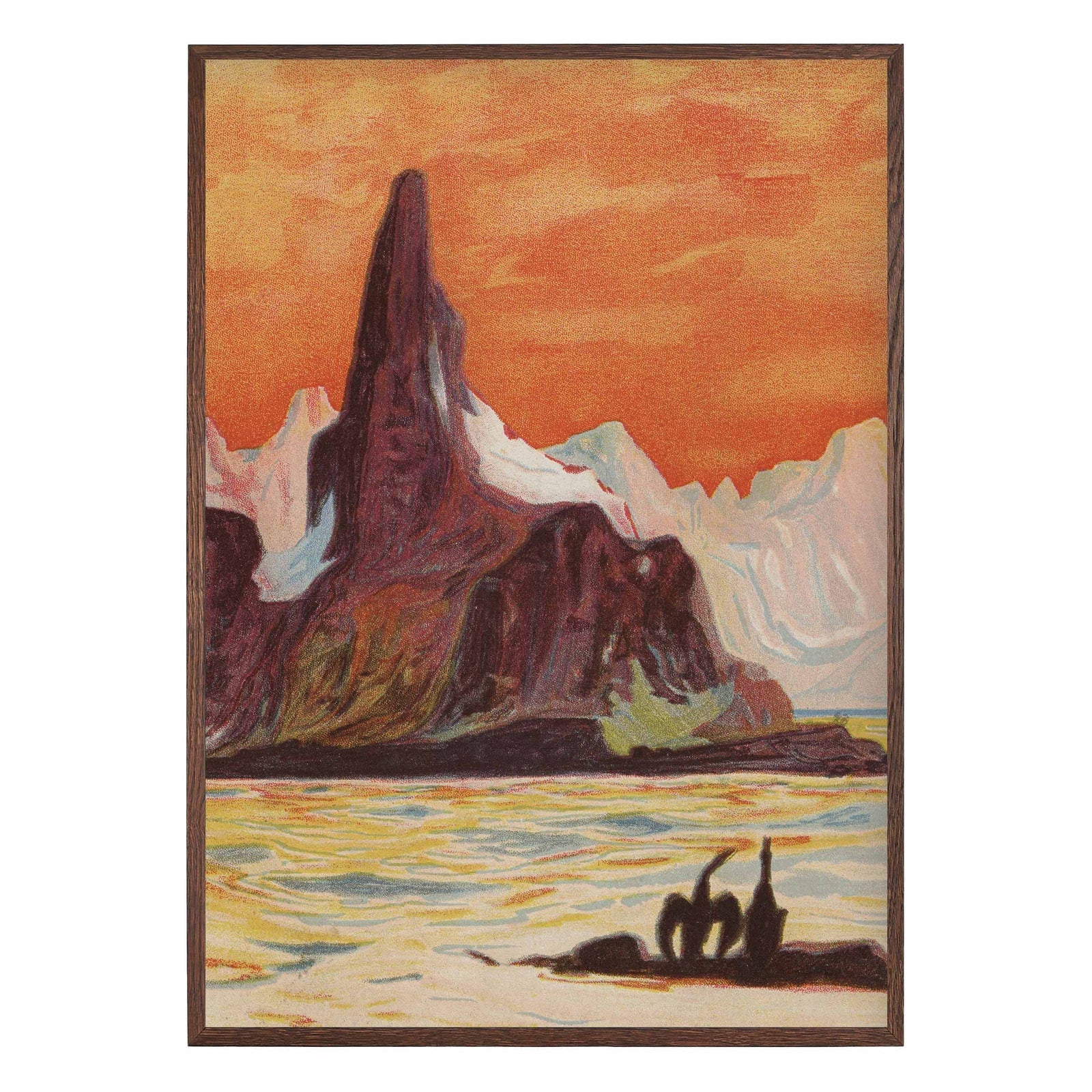 landscape art print of a glowing sunset over water with mountains and two figures in the foreground
