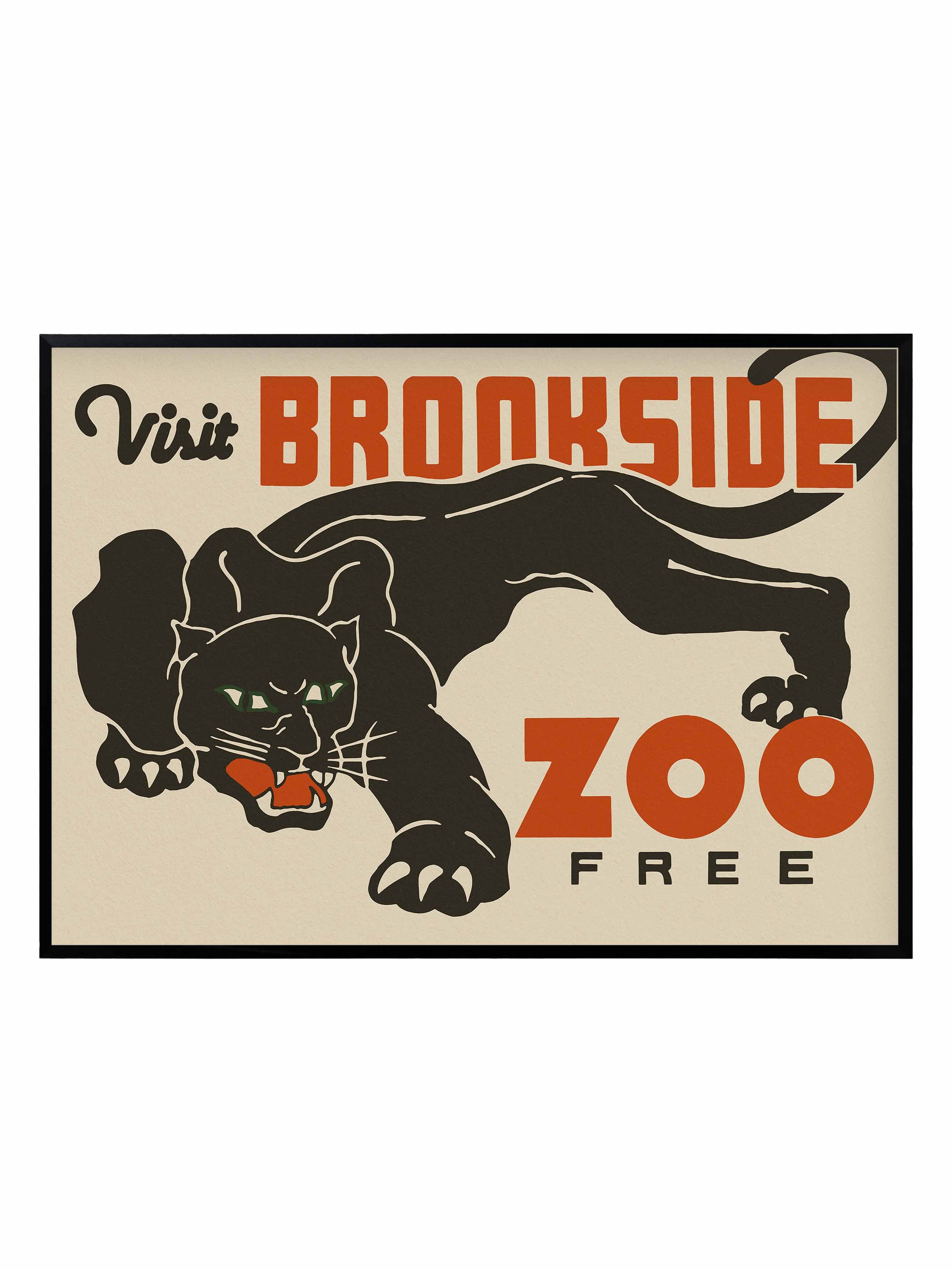 Vintage Mid Century Graphic of a black puma, advertising for zoo. Bold red text.