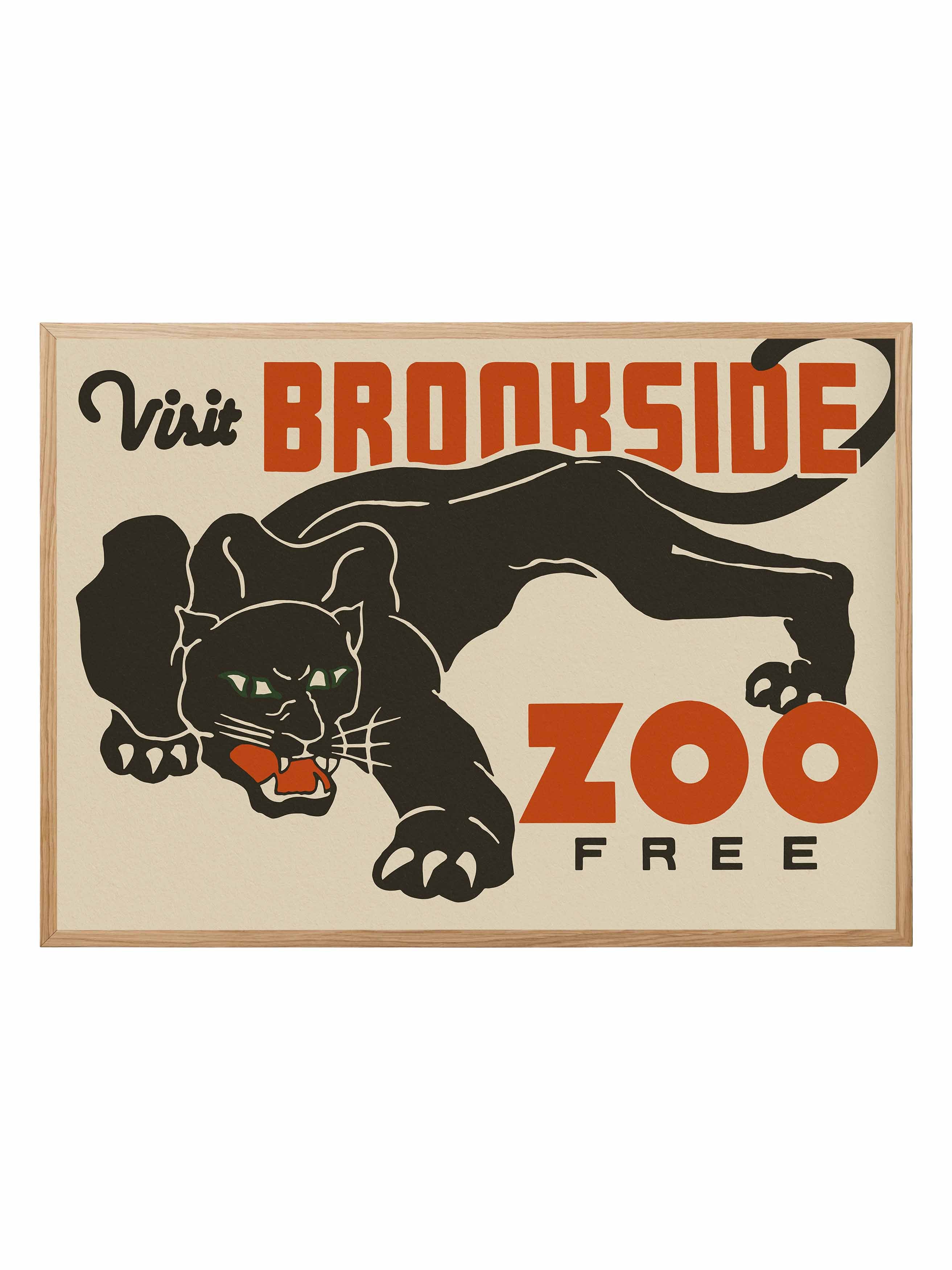 Vintage Mid Century Graphic of a black puma, advertising for zoo. Bold red text.