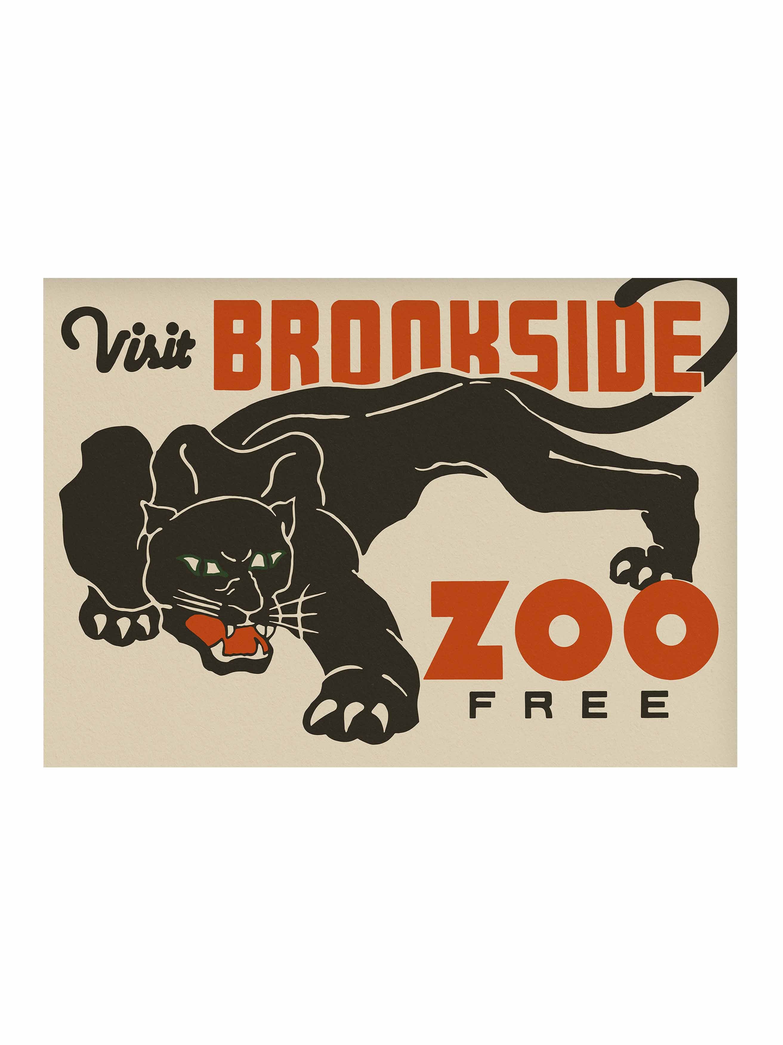 Vintage Mid Century Graphic of a black puma, advertising for zoo. Bold red text.
