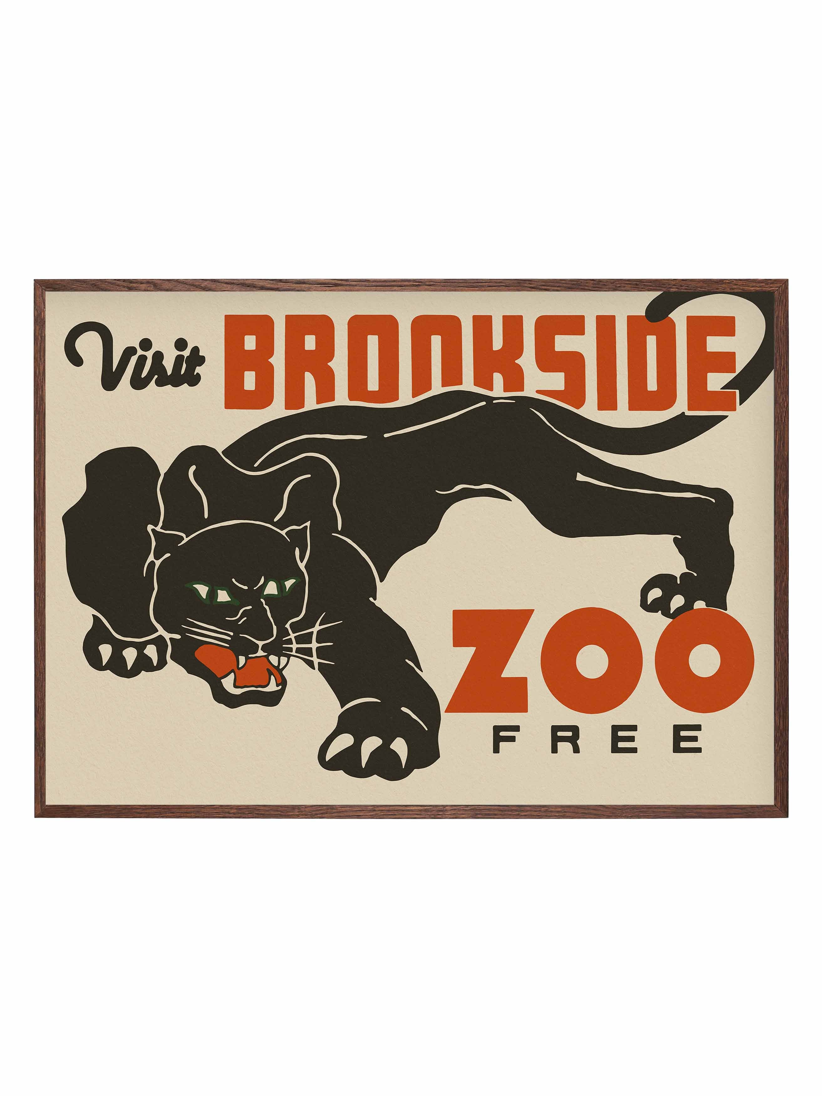 Vintage Mid Century Graphic of a black puma, advertising for zoo. Bold red text.