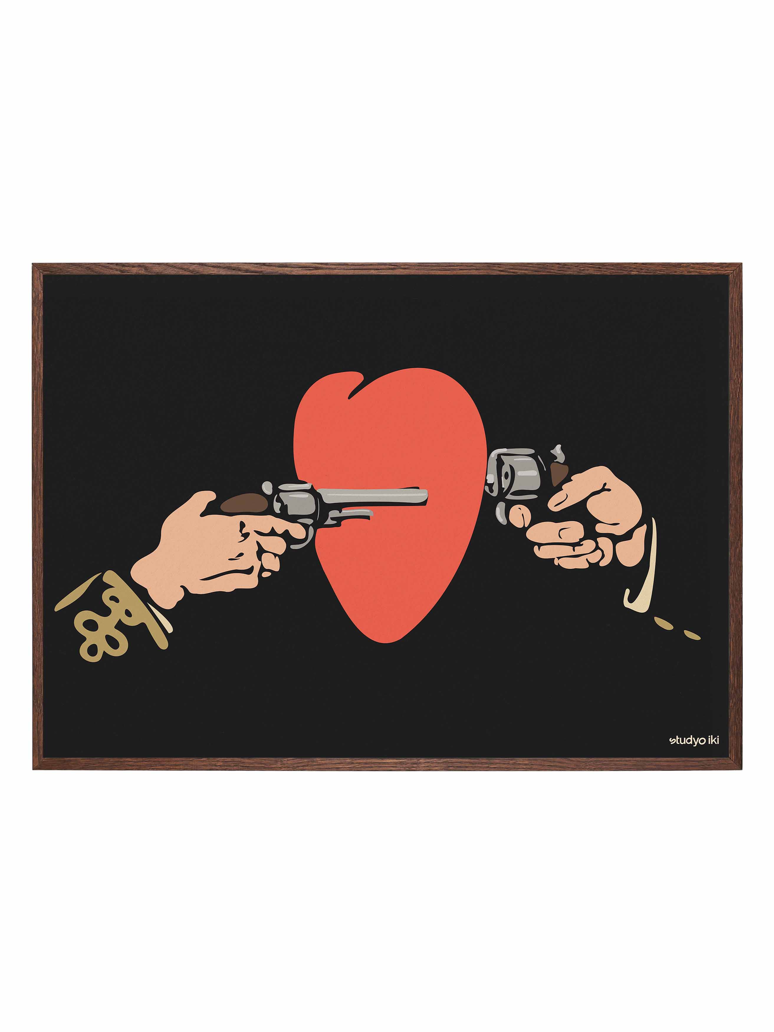 Vintage-style art print of two hands holding revolvers aimed at a red heart on a black background, graphic poster design by S