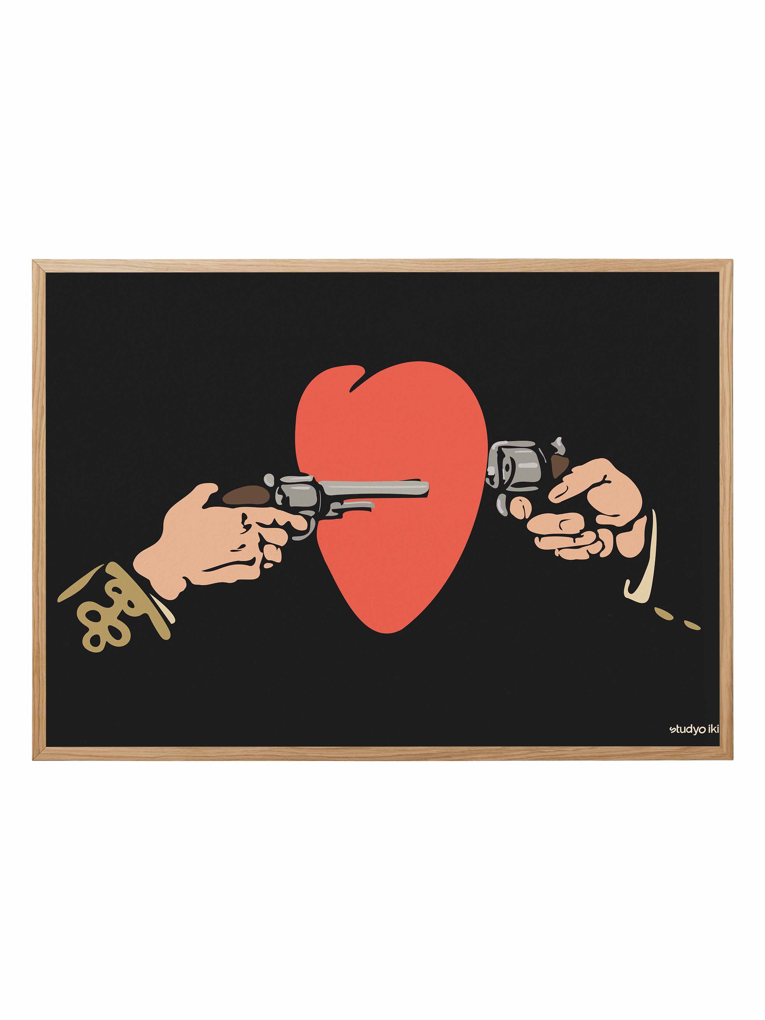 Vintage-style art print of two hands holding revolvers aimed at a red heart on a black background, graphic poster design by S