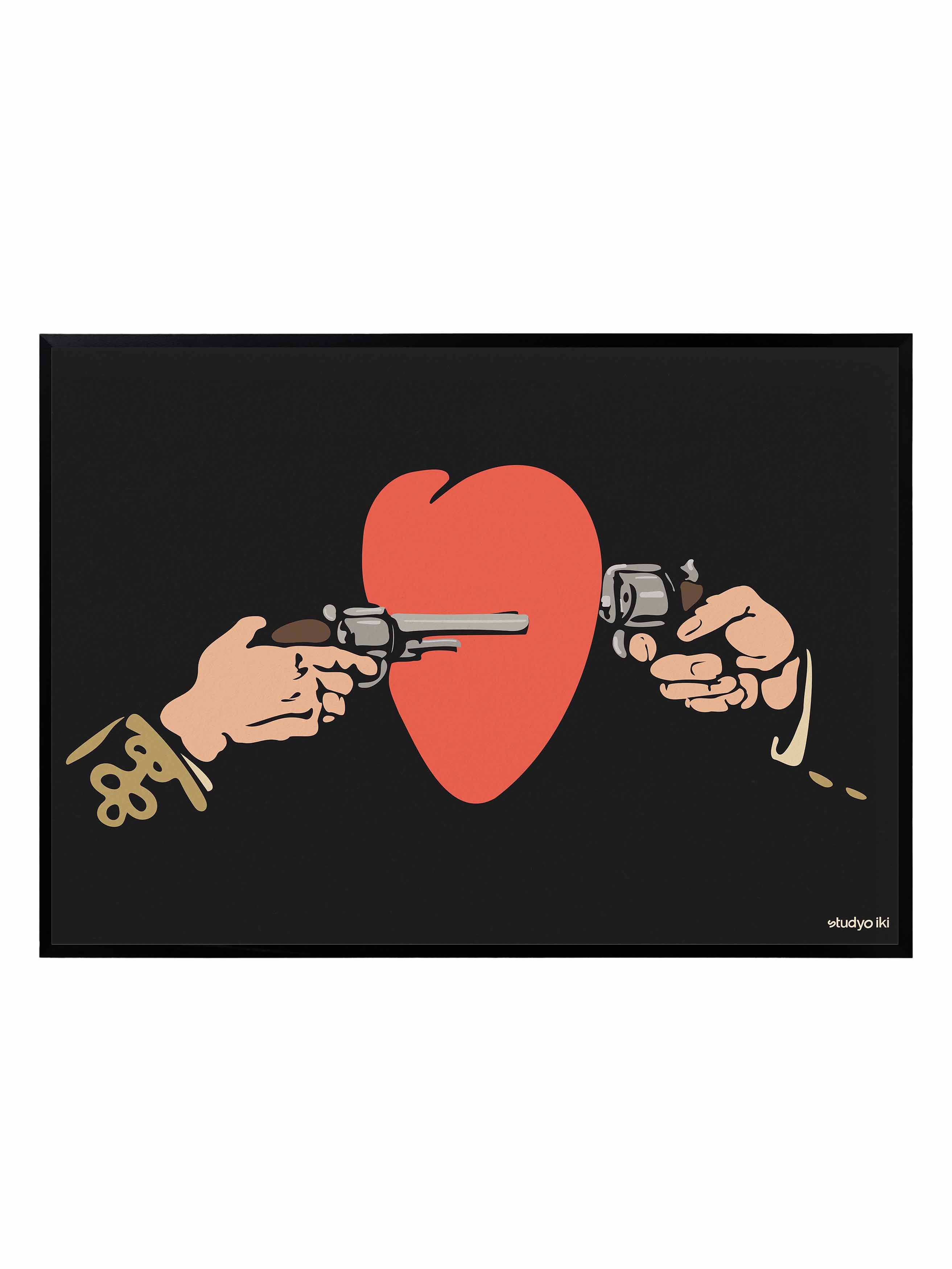 Vintage-style art print of two hands holding revolvers aimed at a red heart on a black background, graphic poster design by S