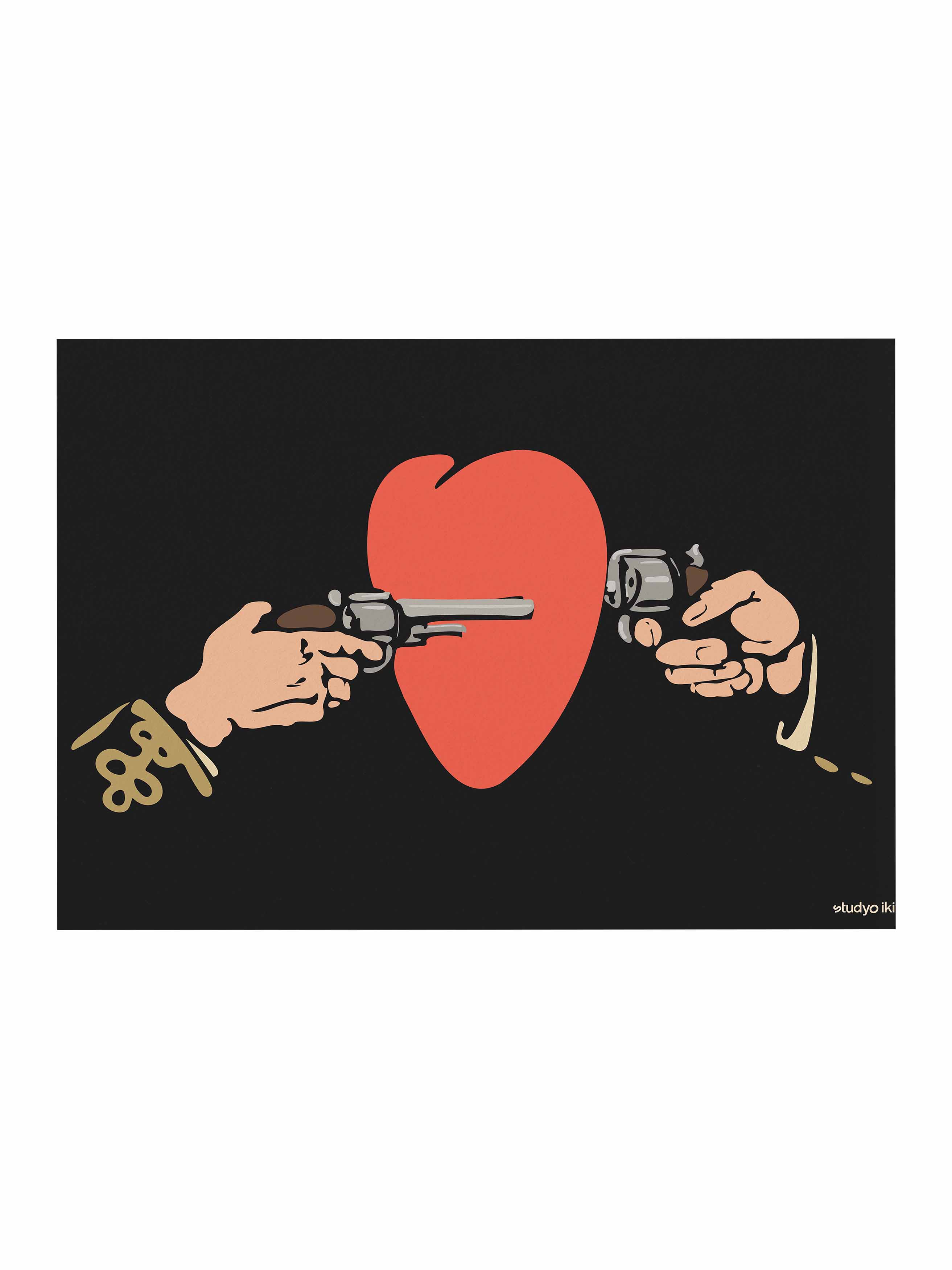 Vintage-style art print of two hands holding revolvers aimed at a red heart on a black background, graphic poster design by S