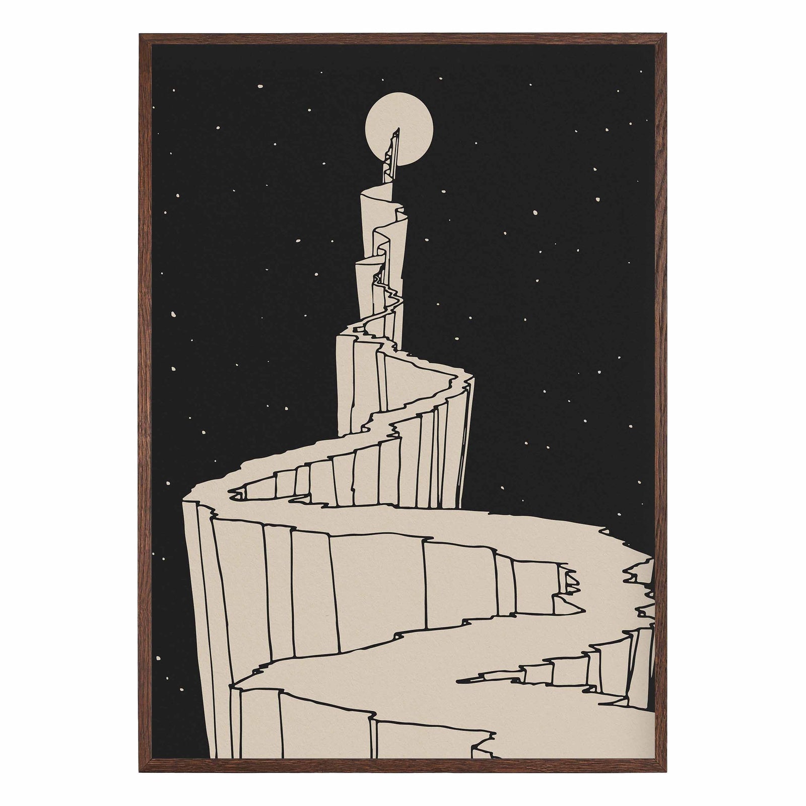 Minimalist surreal art print showing a winding path leading to the moon against a starry night sky