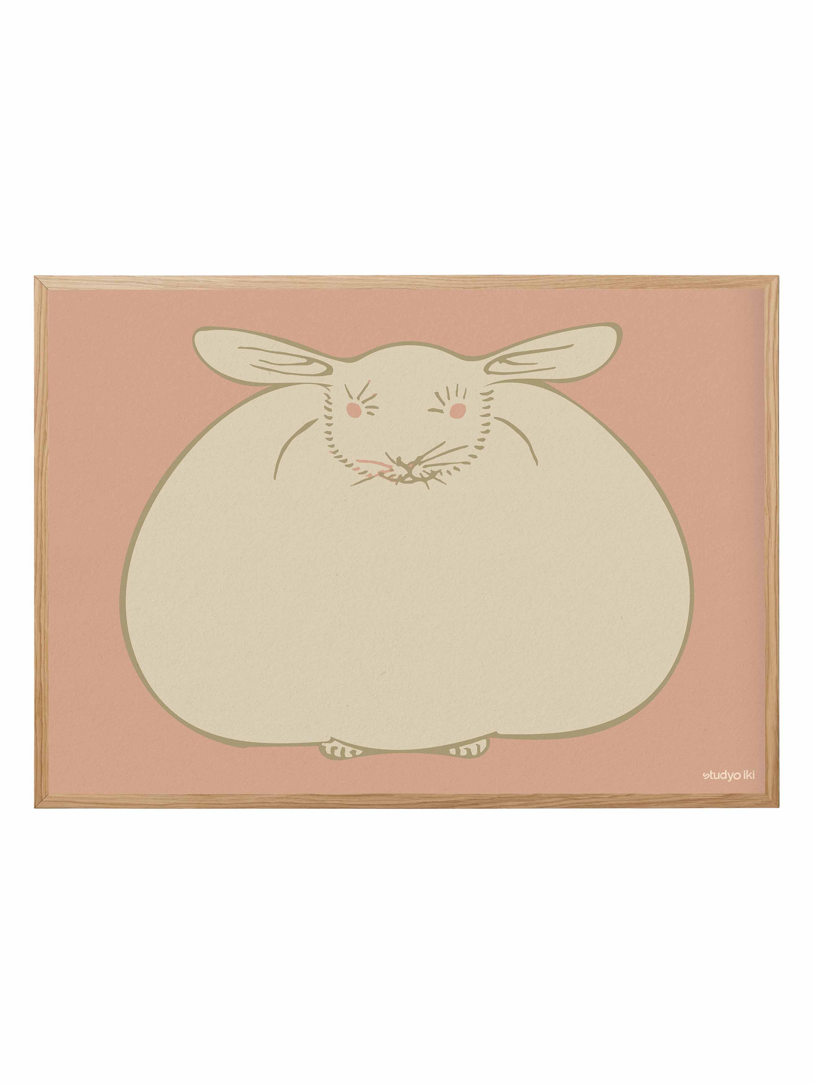Minimalist rabbit art print with a rounded fluffy bunny illustration on a soft pink background
