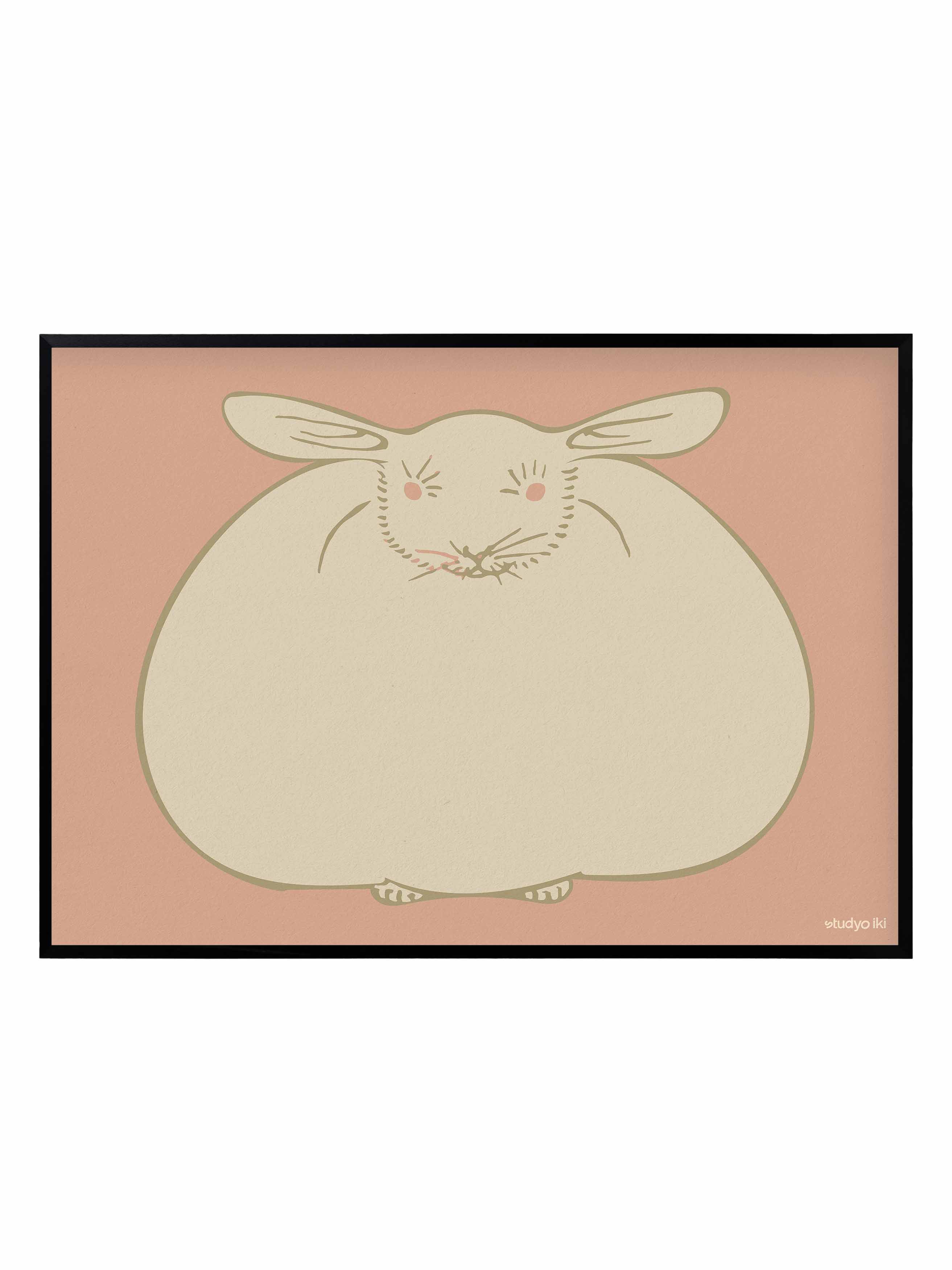Minimalist rabbit art print with a rounded fluffy bunny illustration on a soft pink background