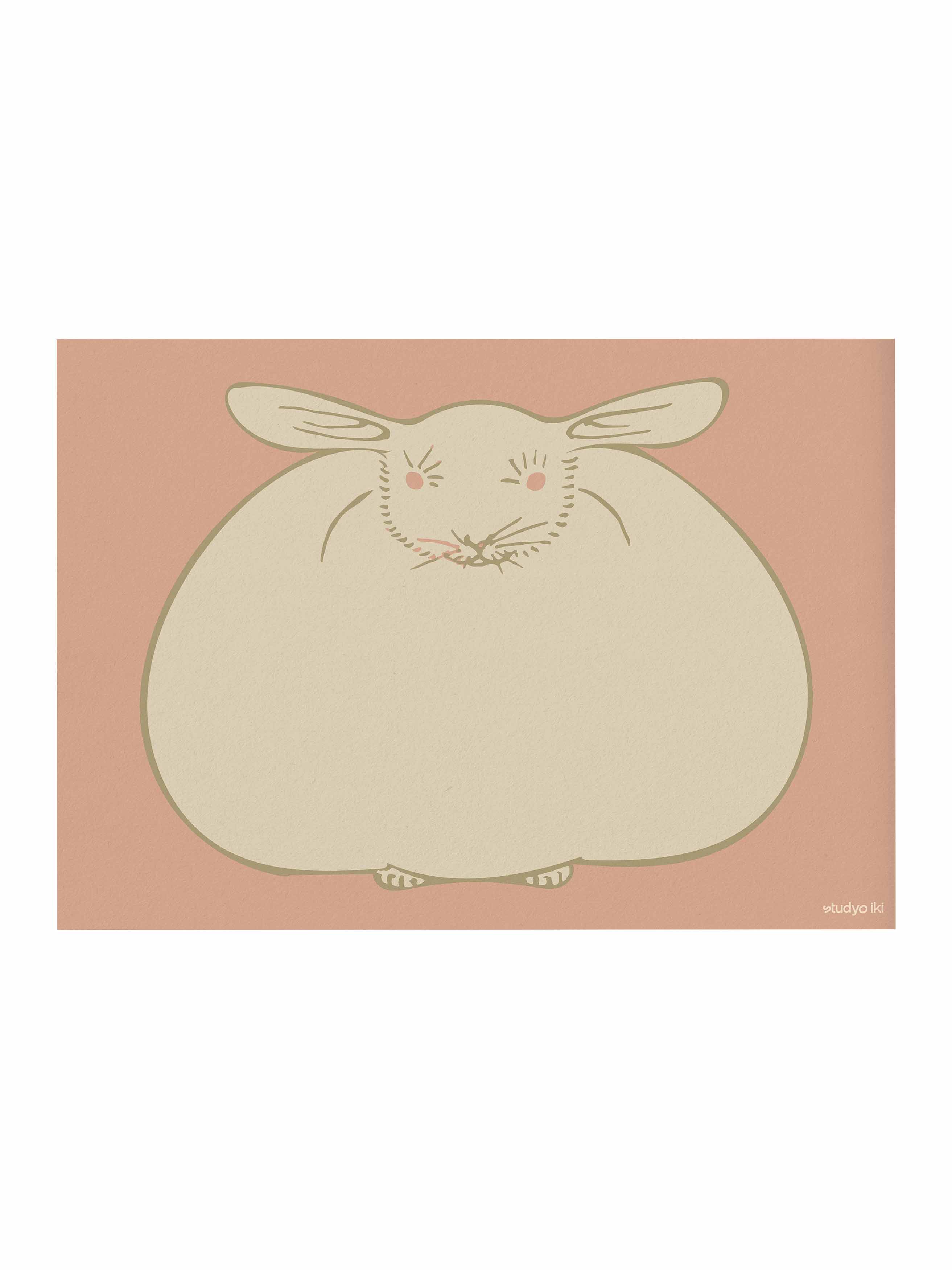 Minimalist rabbit art print with a rounded fluffy bunny illustration on a soft pink background