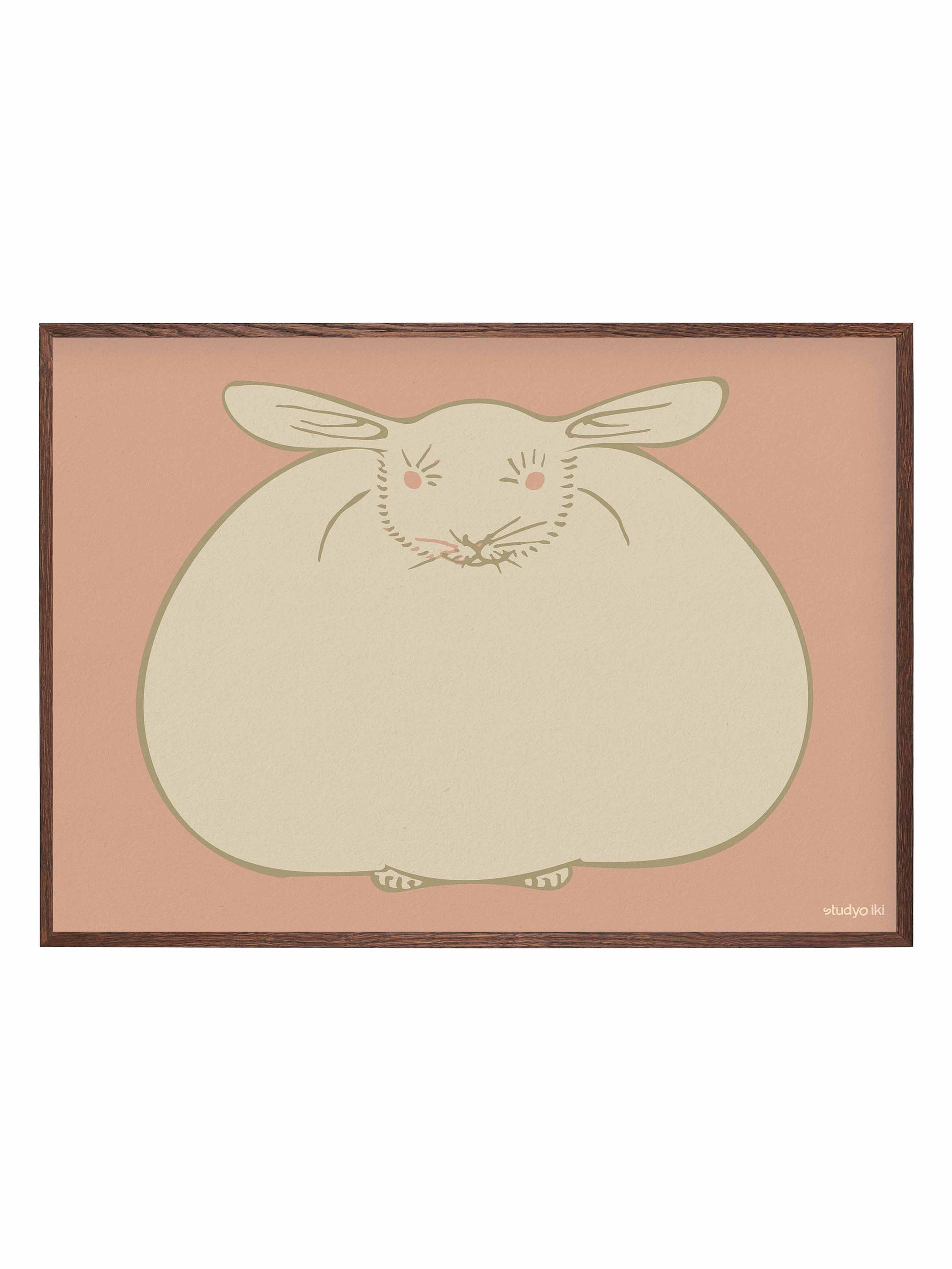 Minimalist rabbit art print with a rounded fluffy bunny illustration on a soft pink background