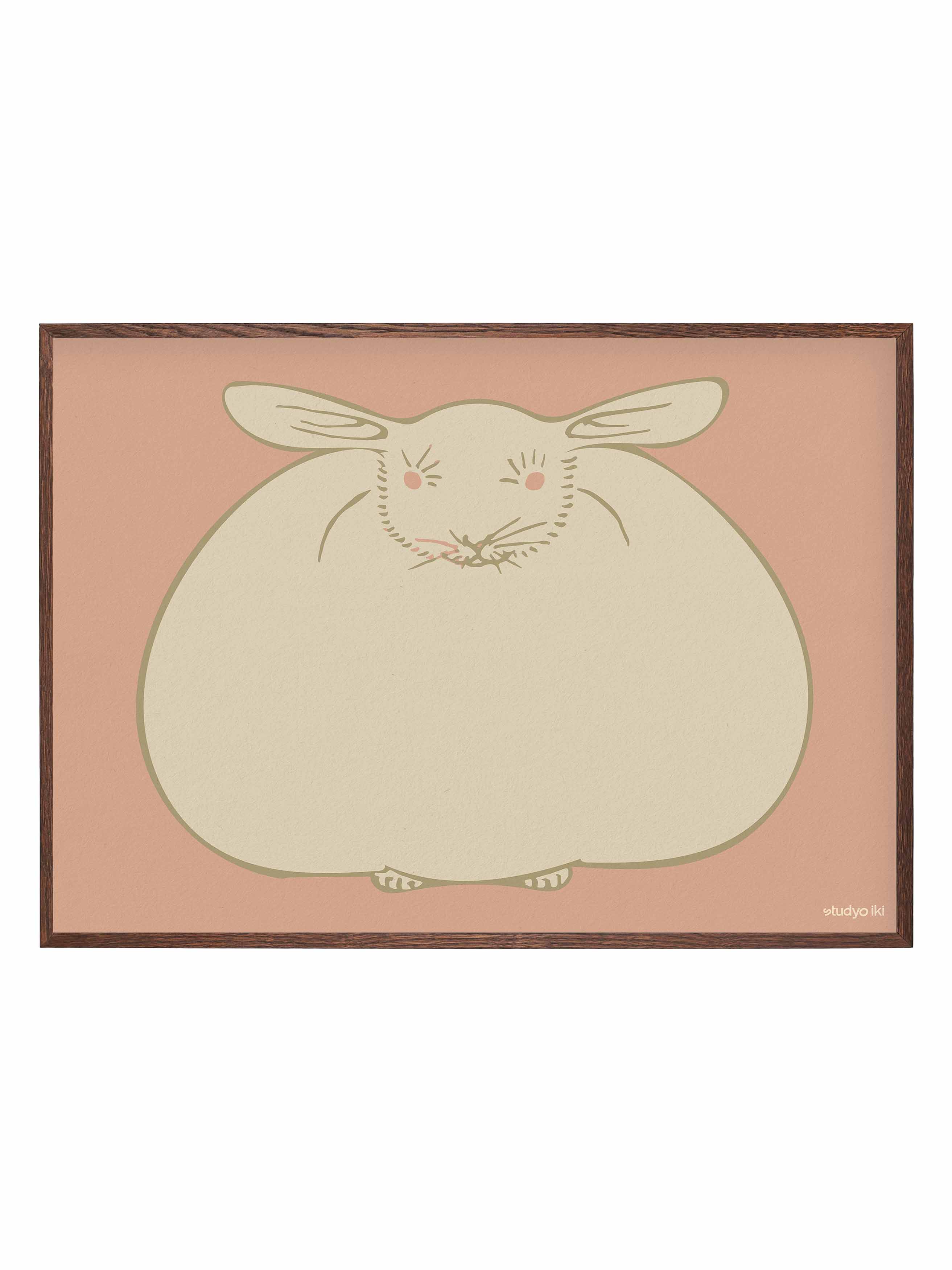Minimalist rabbit art print with a rounded fluffy bunny illustration on a soft pink background