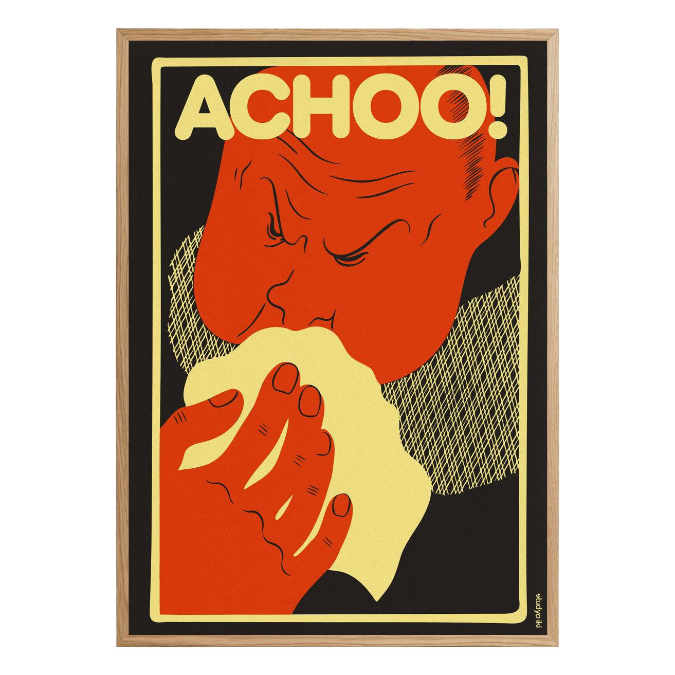 orange red face sneezing into tissue with bold achoo typography on black background graphic poster