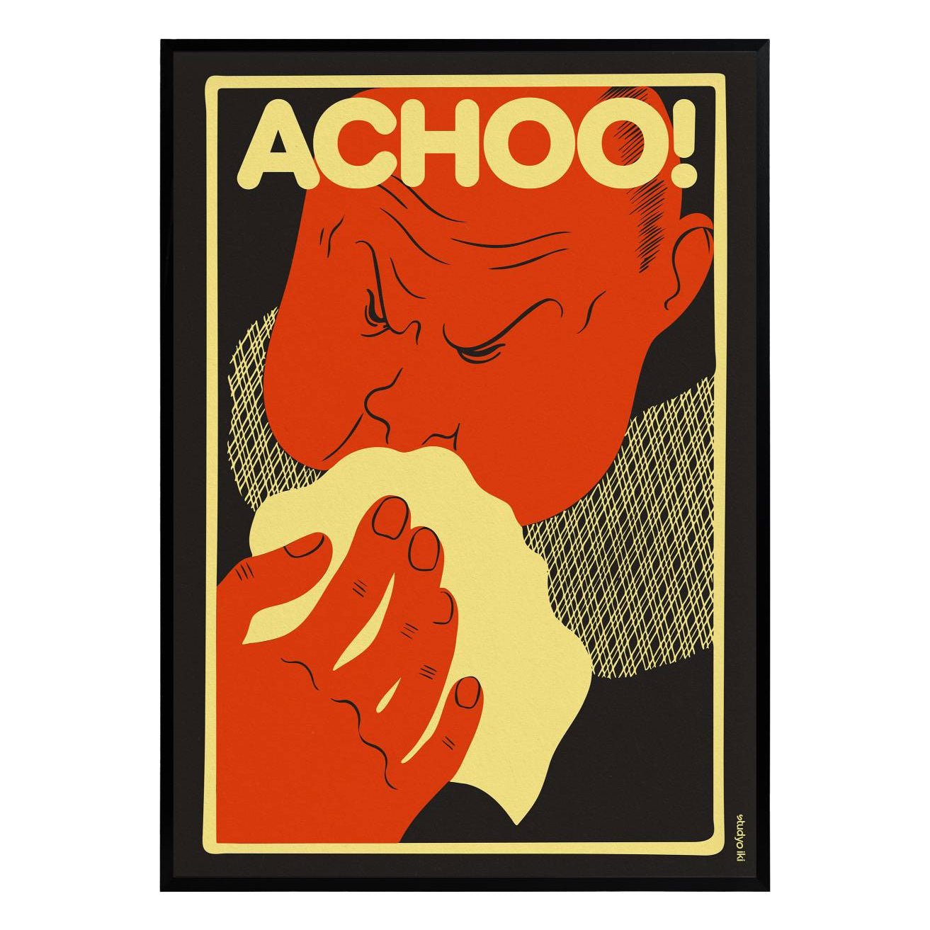 orange red face sneezing into tissue with bold achoo typography on black background graphic poster