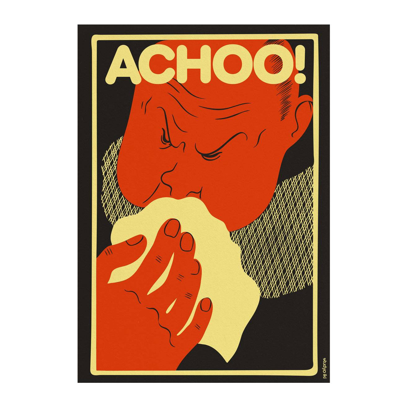 orange red face sneezing into tissue with bold achoo typography on black background graphic poster
