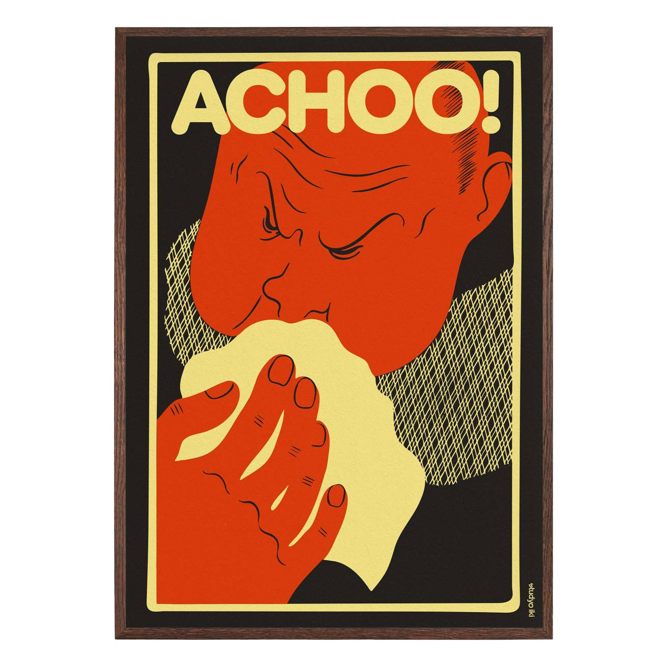 orange red face sneezing into tissue with bold achoo typography on black background graphic poster