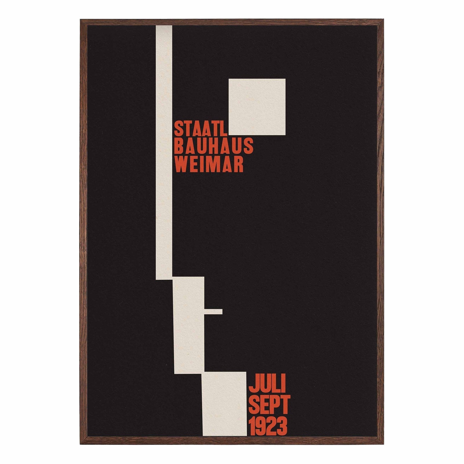 black geometric shapes with red Bauhaus typography on beige modernist poster