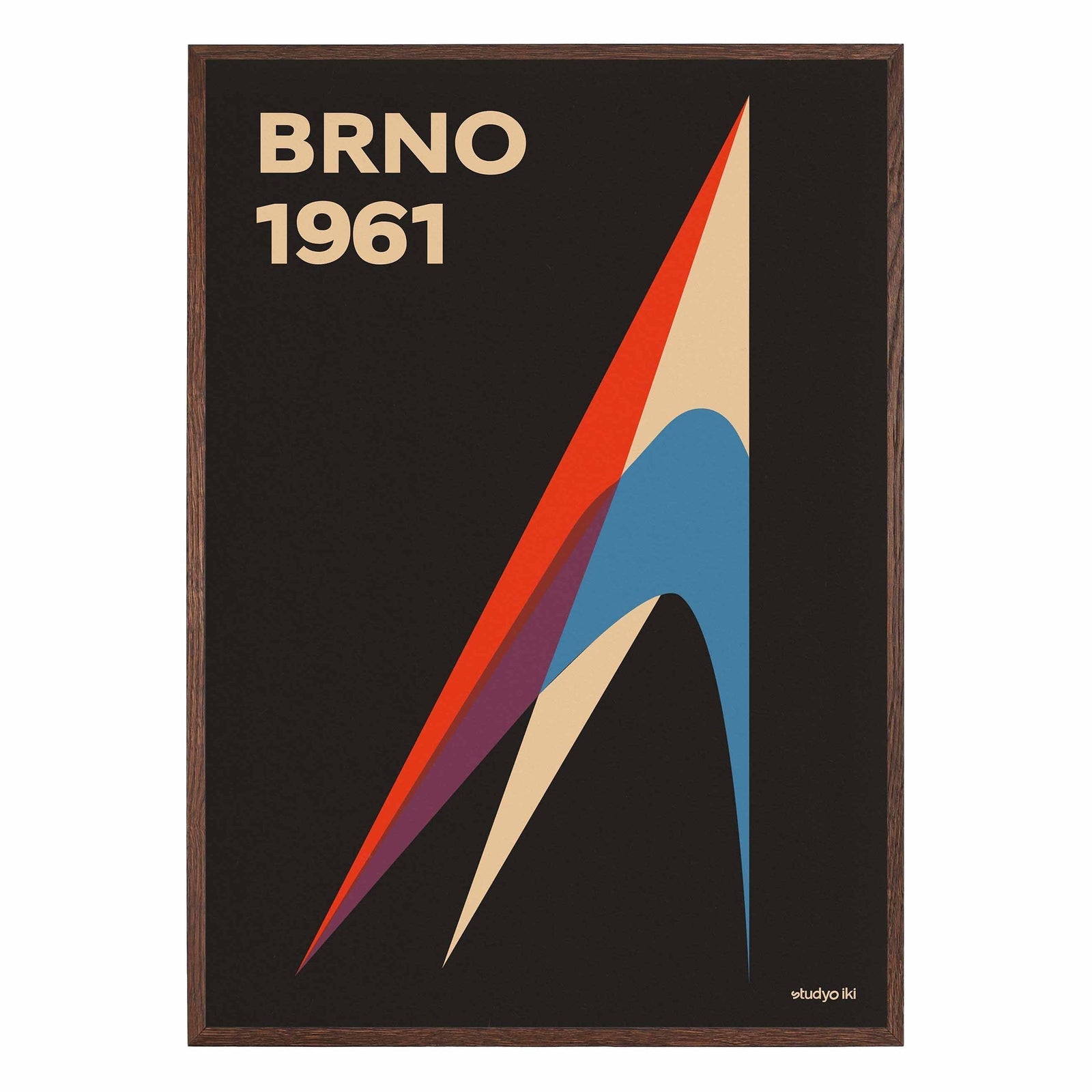 diagonal geometric shapes in red blue and cream with brno typography modernist poster