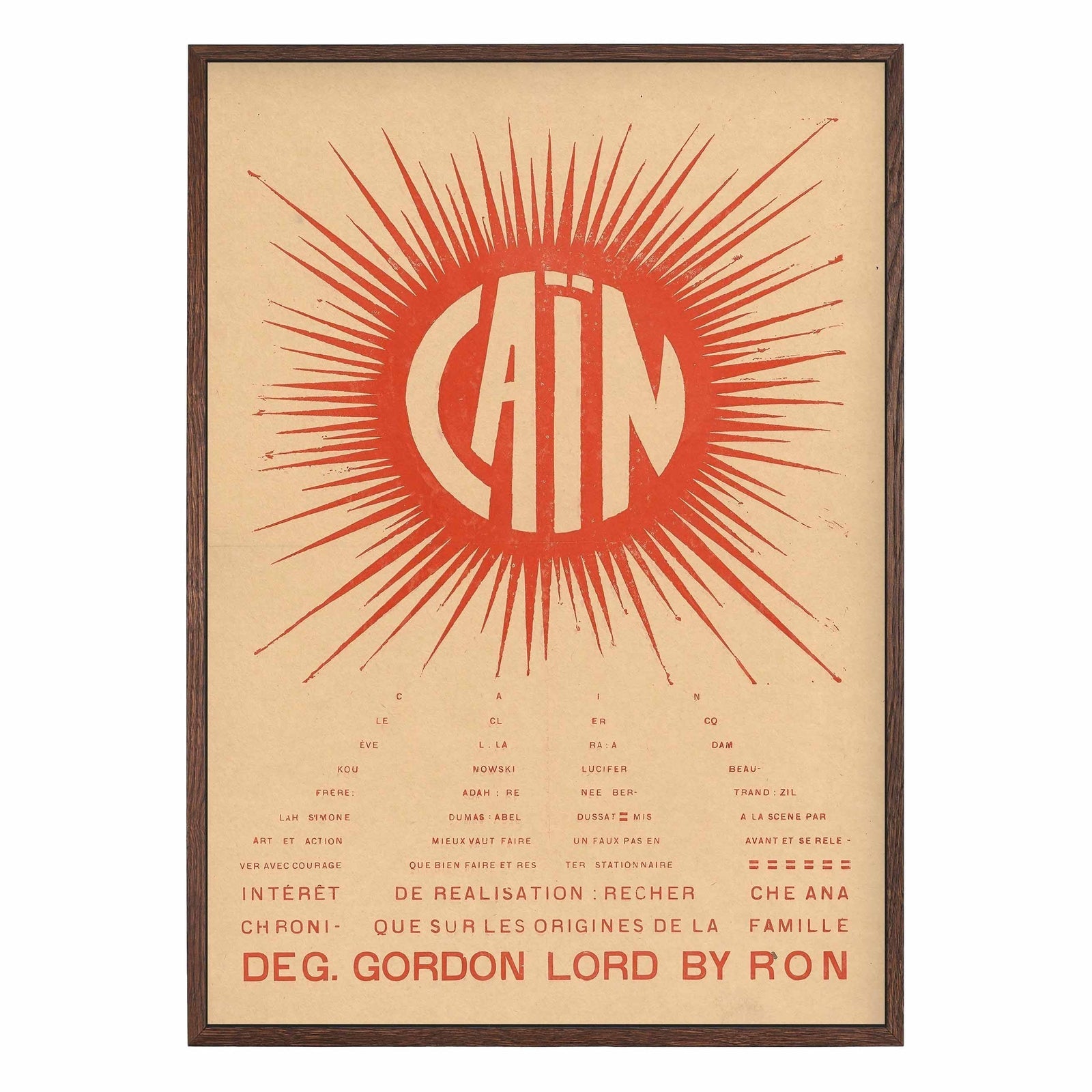 red sunburst typography with cain text on beige background avant garde poster