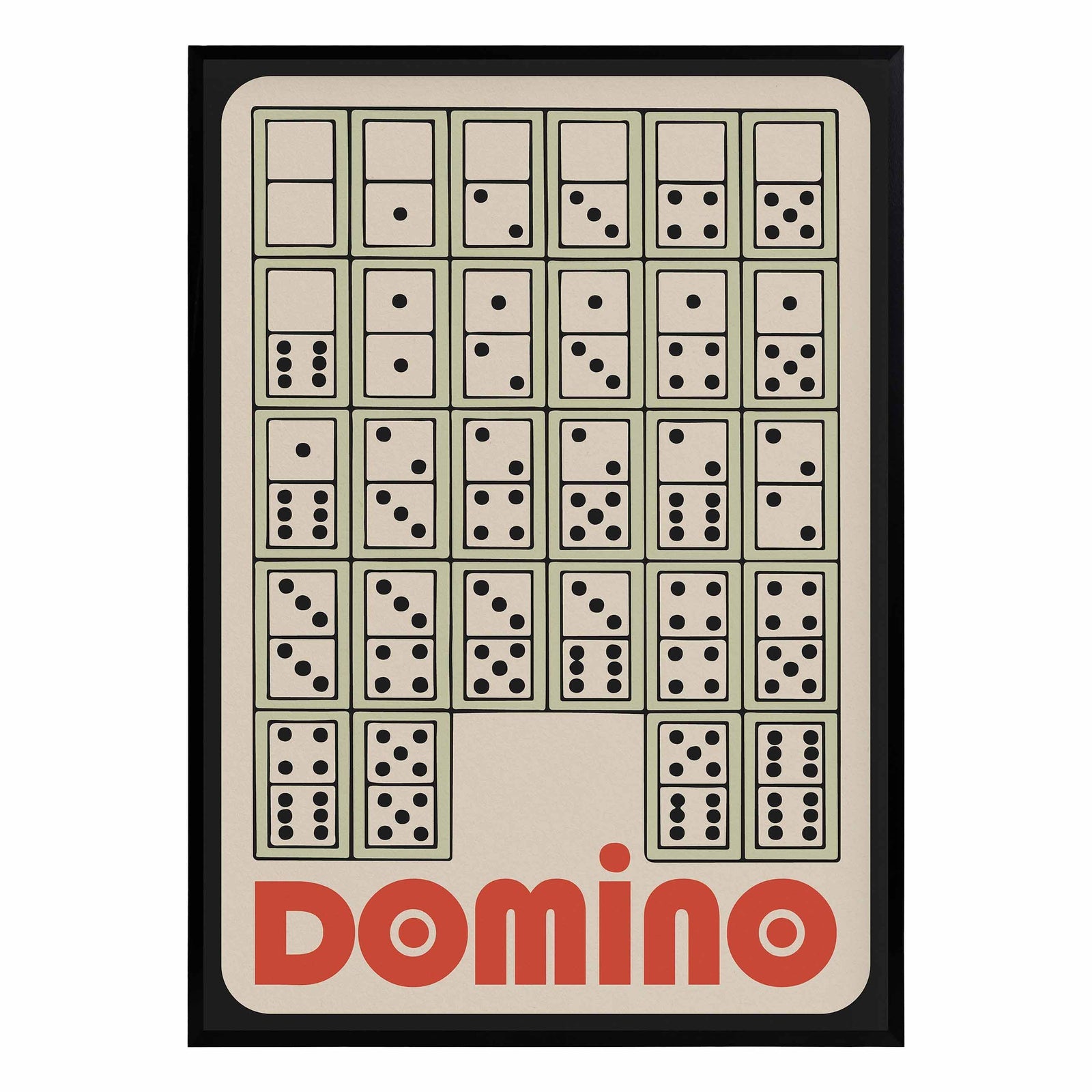 Poster of a stack of dominos on a beige and black background with bold red lettering that say DOMINO