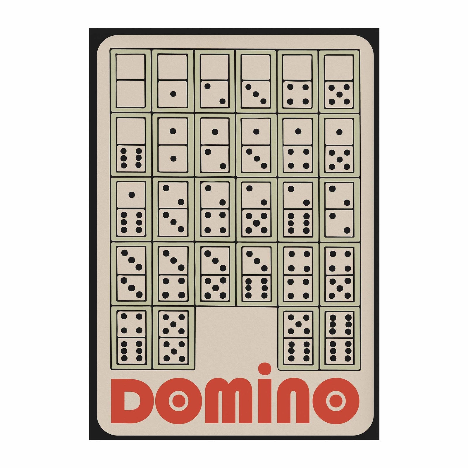 Poster of a stack of dominos on a beige and black background with bold red lettering that say DOMINO