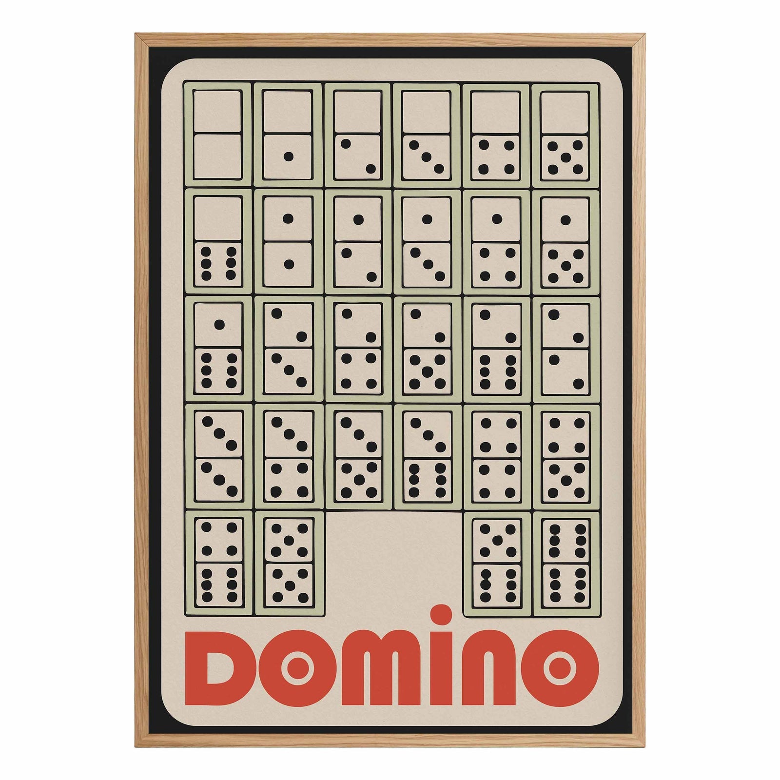 Poster of a stack of dominos on a beige and black background with bold red lettering that say DOMINO