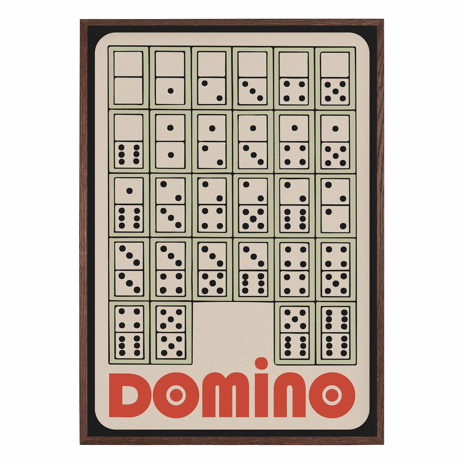 Poster of a stack of dominos on a beige and black background with bold red lettering that say DOMINO