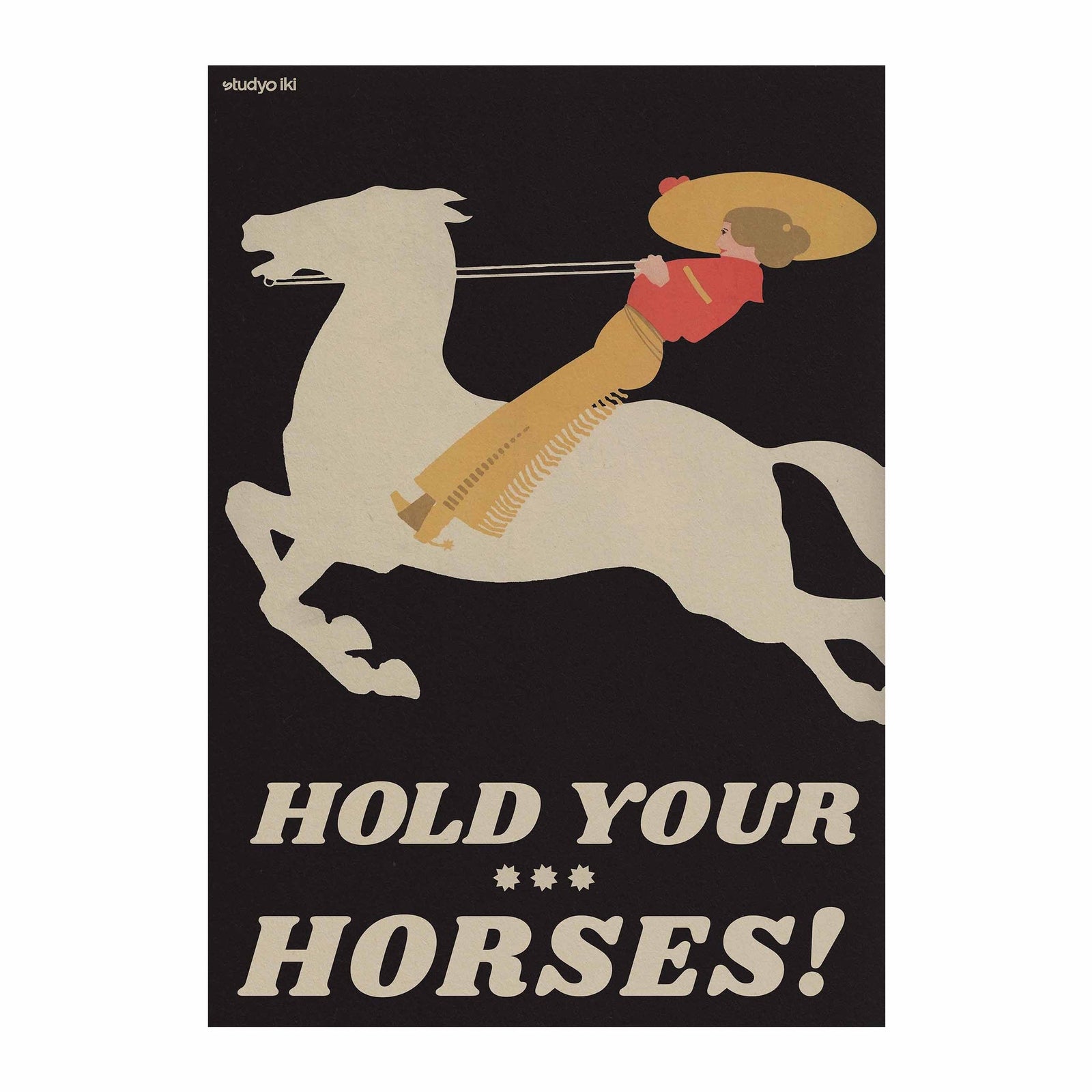 woman riding white horse with bold typography on black background vintage poster