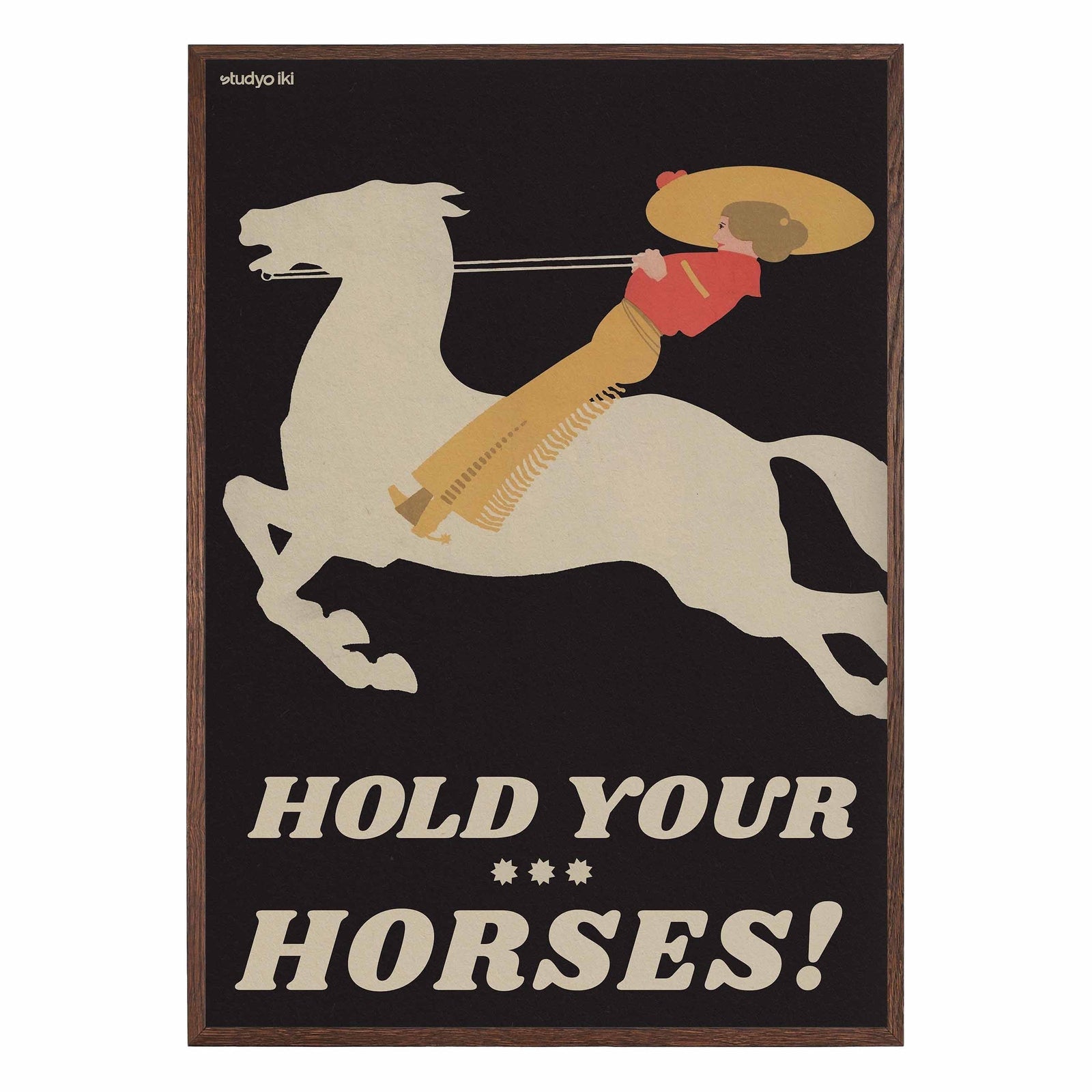 woman riding white horse with bold typography on black background vintage poster