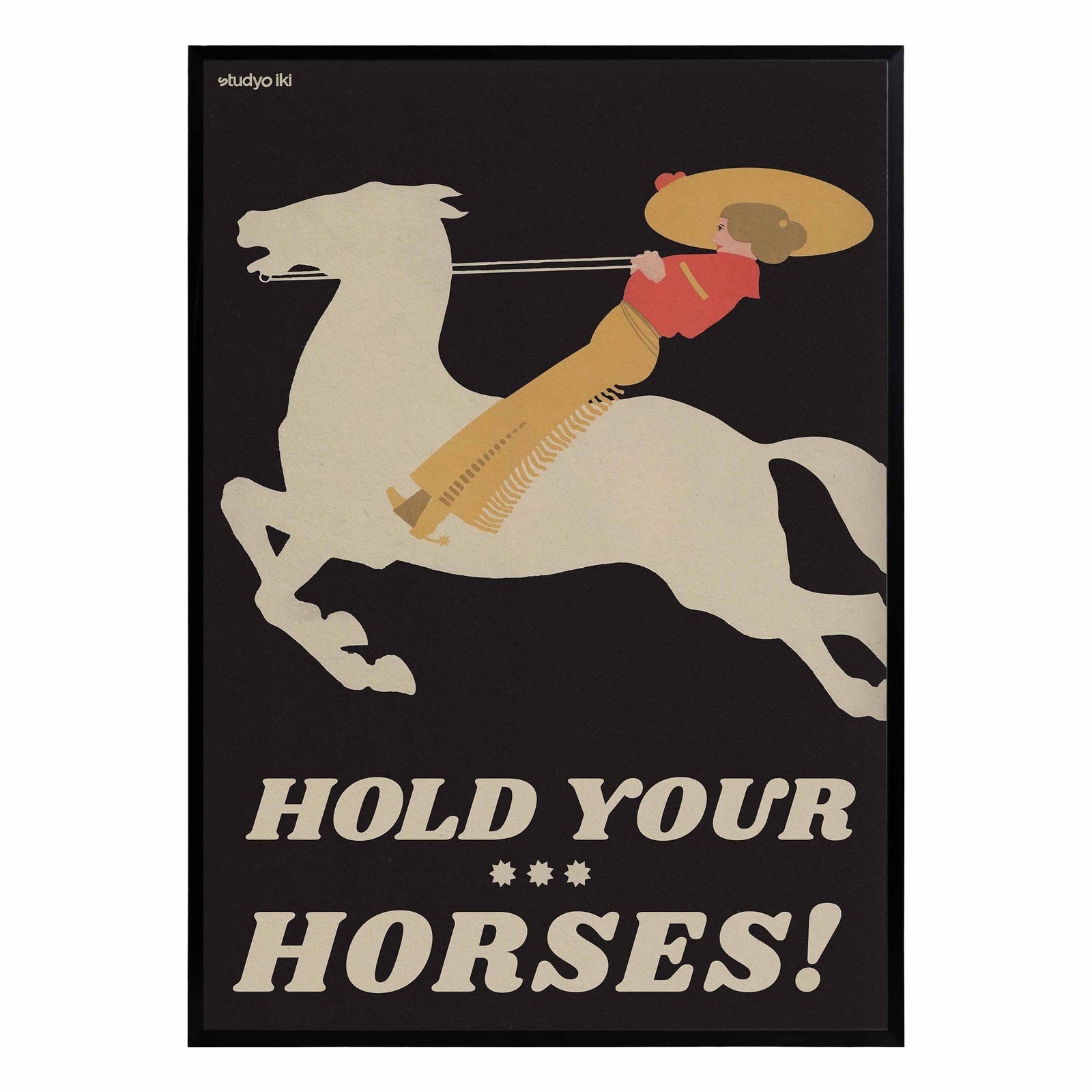 woman riding white horse with bold typography on black background vintage poster