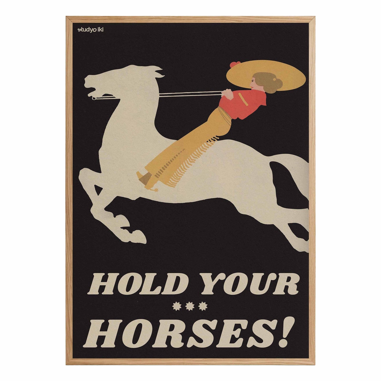 woman riding white horse with bold typography on black background vintage poster